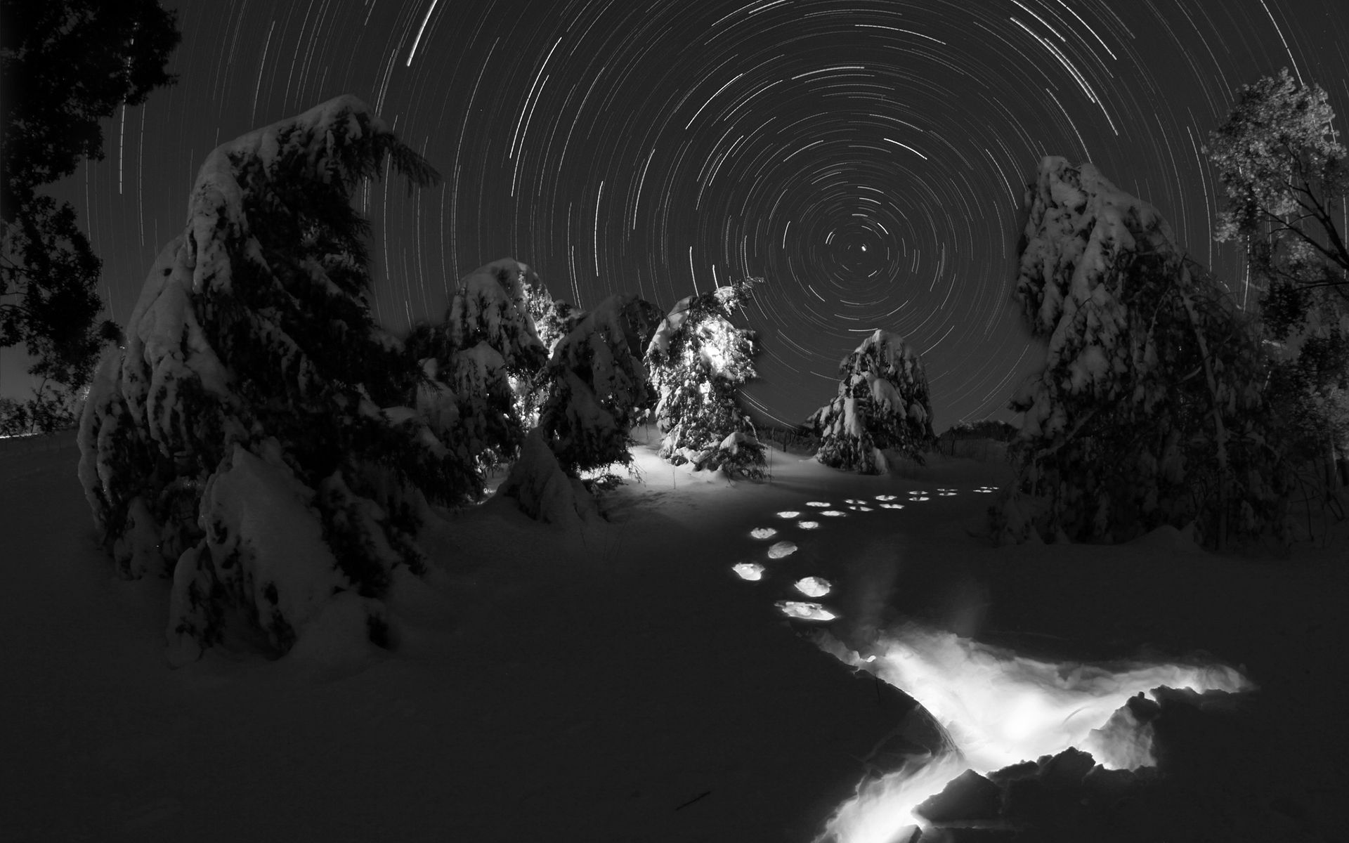 timelapse, Stars, Snow, Winter, Footprints, Bw Wallpaper HD / Desktop and Mobile Background