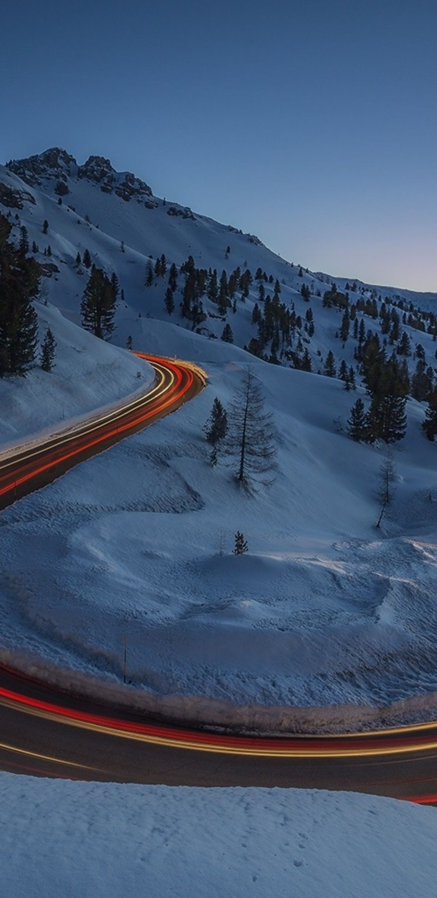 Download 1440x2960 Curved Road, Snow, Winter, Time Lapse, Photography, Lines Wallpaper For Samsung Galaxy S9, Note 9, S8, S8+, Google Pixel 3 XL