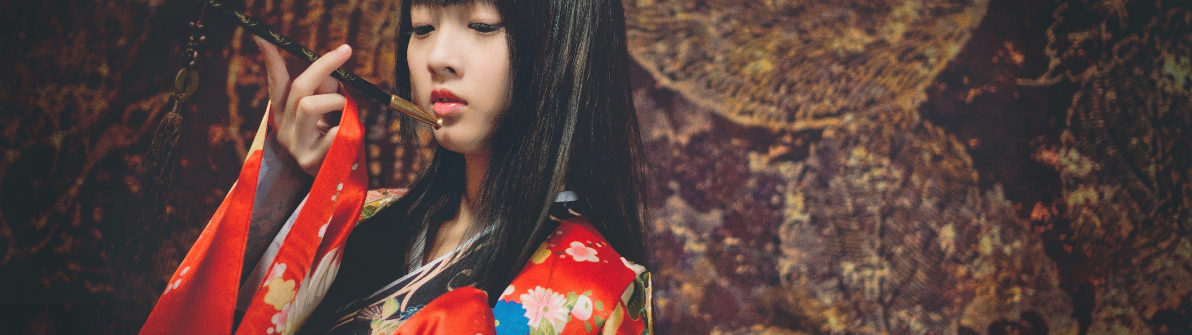 Download 3840x1080 Japanese Women, Kimono, Black Hair, Pink Lipstick, Open Mouth, Asian, Model Wallpaper