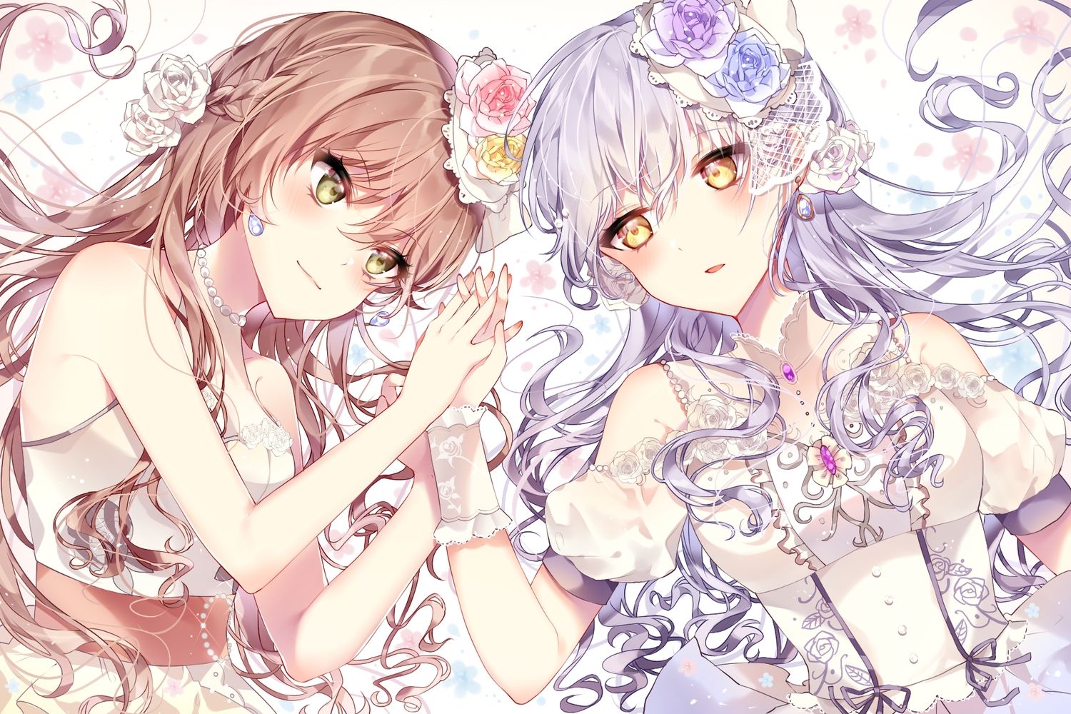 2girls bang dream! braids brown hair flowers green eyes imai lisa long hair minato yukina rose taya (pixiv5323203) white hair yellow eyes. konachan.com.com Anime Wallpaper