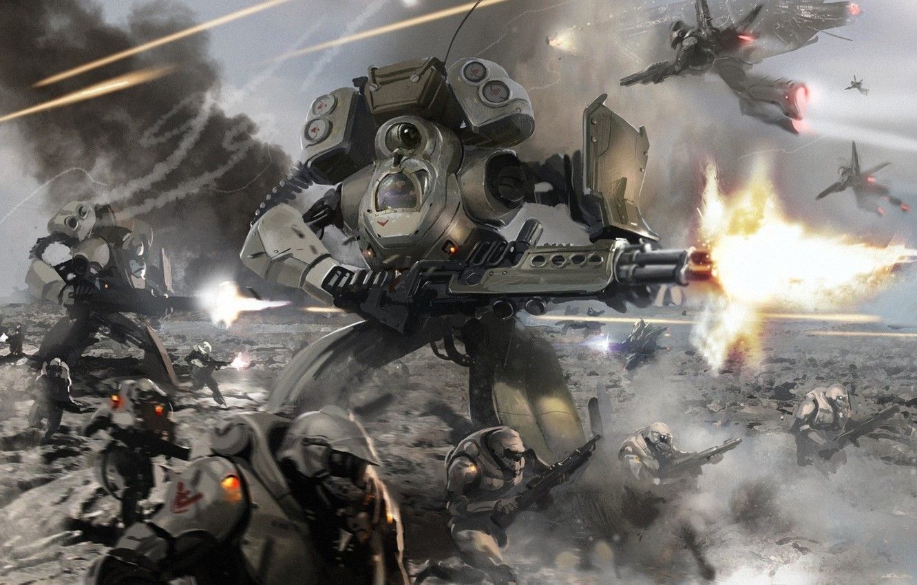 Wallpaper fire, flame, gun, armor, mecha, weapon, war, fight, machine gun, spark, combat, heavy weapon image for desktop, section фантастика