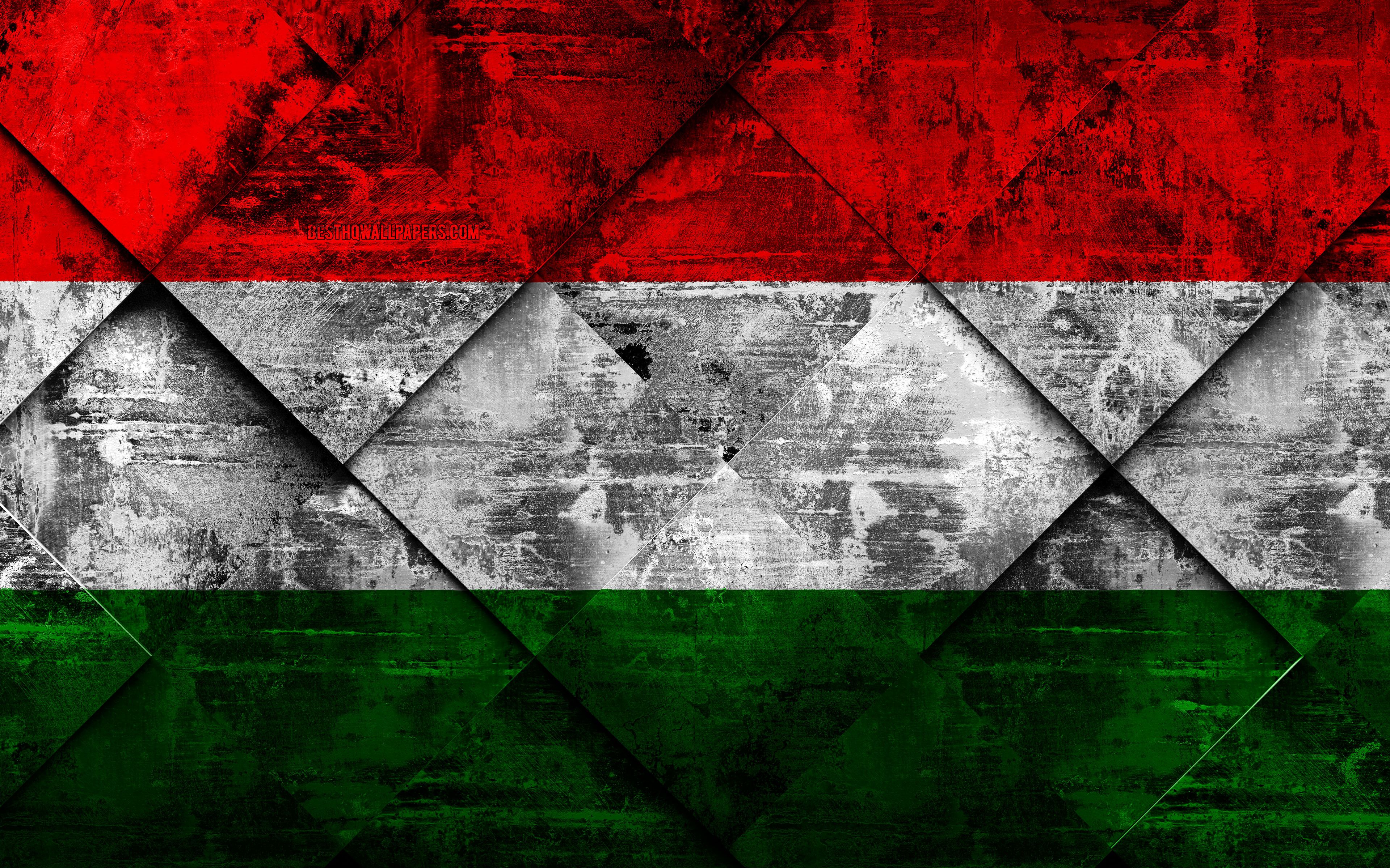 Download wallpaper Flag of Hungary, 4k, grunge art, rhombus grunge texture, Hungarian flag, Europe, national symbols, Hungary, creative art for desktop with resolution 3840x2400. High Quality HD picture wallpaper