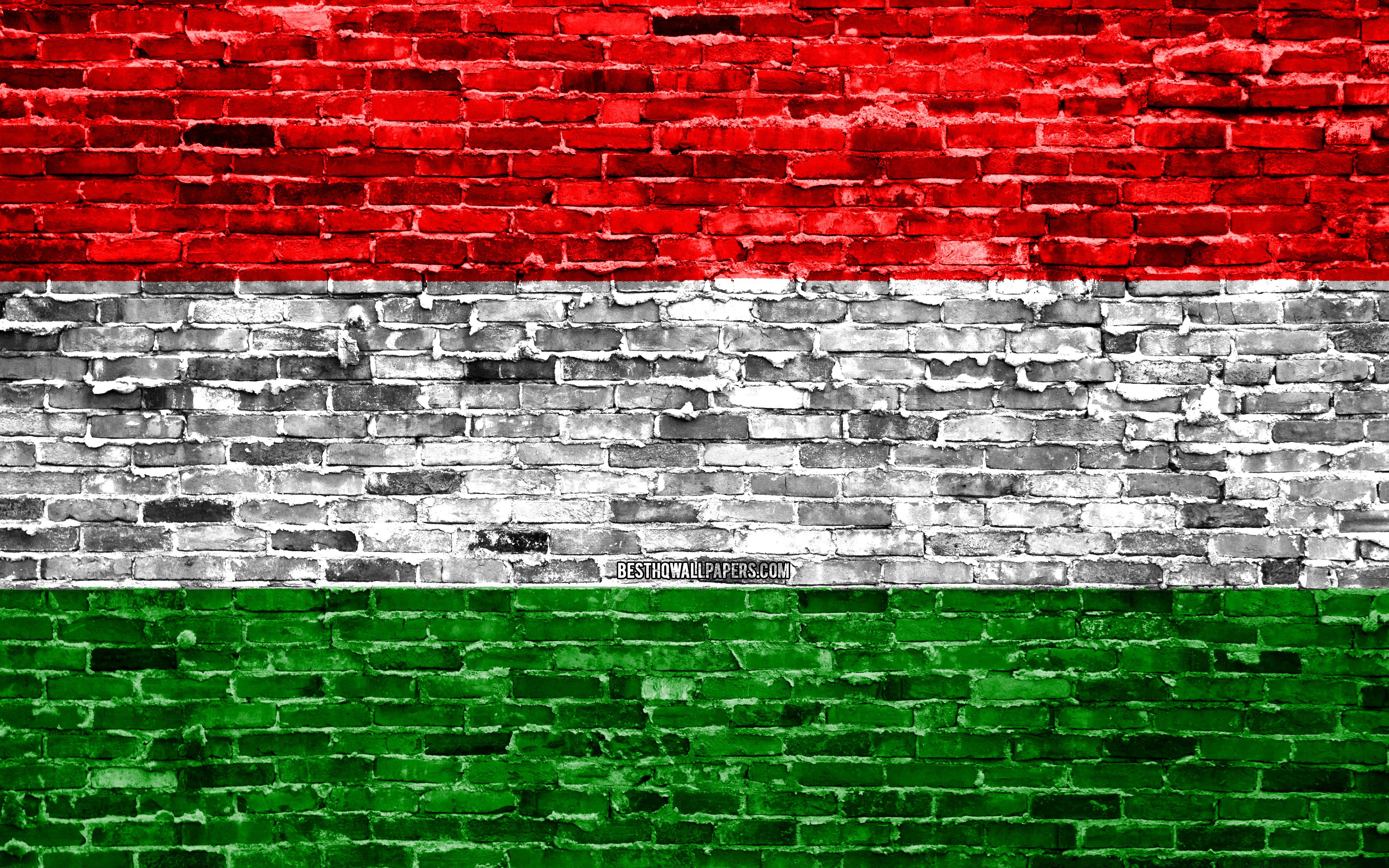 Download wallpaper 4k, Hungarian flag, bricks texture, Europe, national symbols, Flag of Hungary, brickwall, Hungary 3D flag, European countries, Hungary for desktop with resolution 3840x2400. High Quality HD picture wallpaper