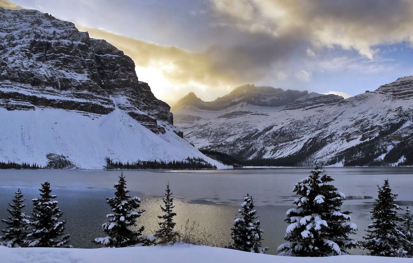 Wallpaper light, Alberta, trees, mountains, clouds, snow, Bow Lake image for desktop, section пейзажи