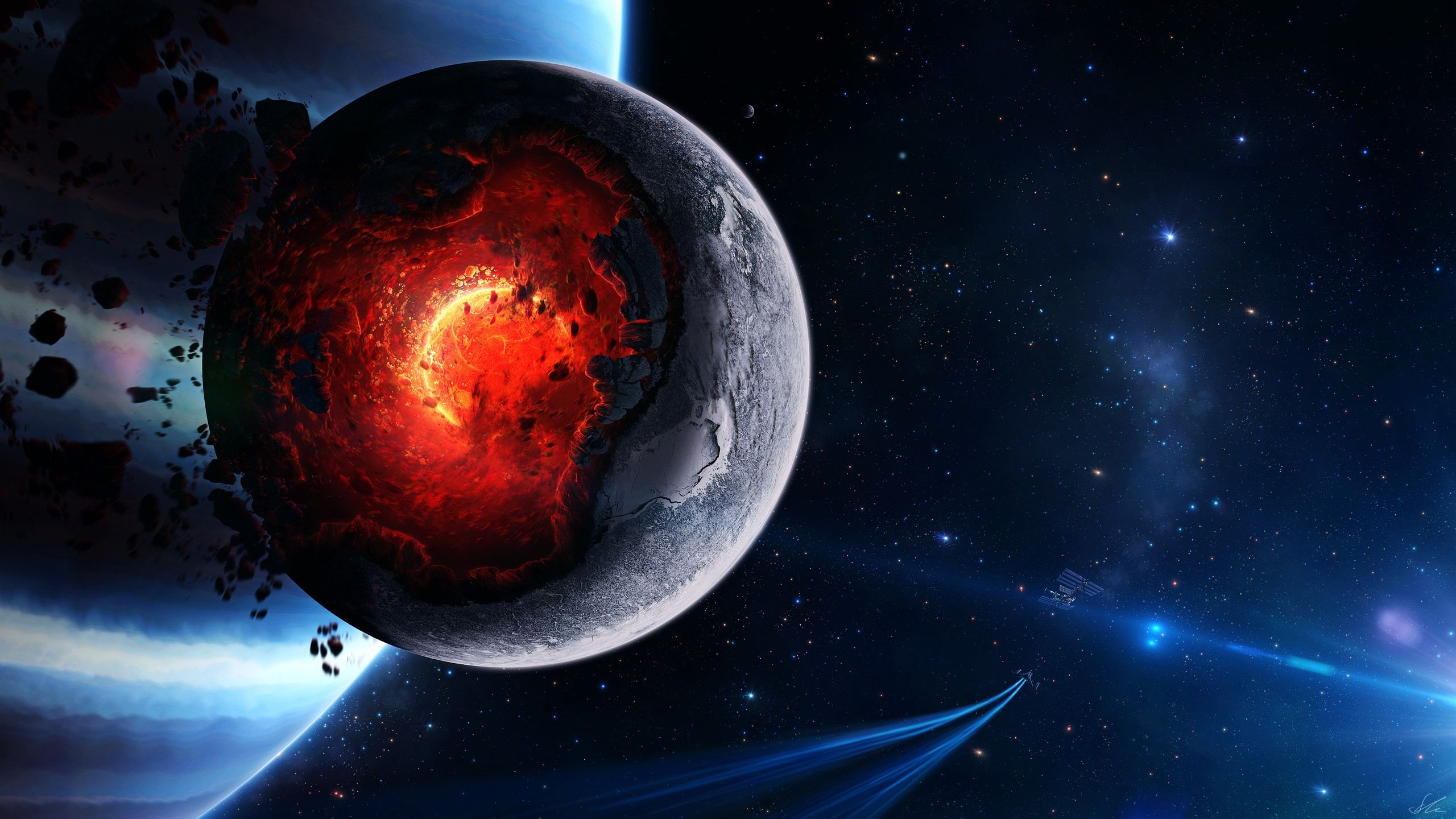 Wallpaper Planet explosion, core, stars, spaceship 2560x1440 QHD Picture, Image
