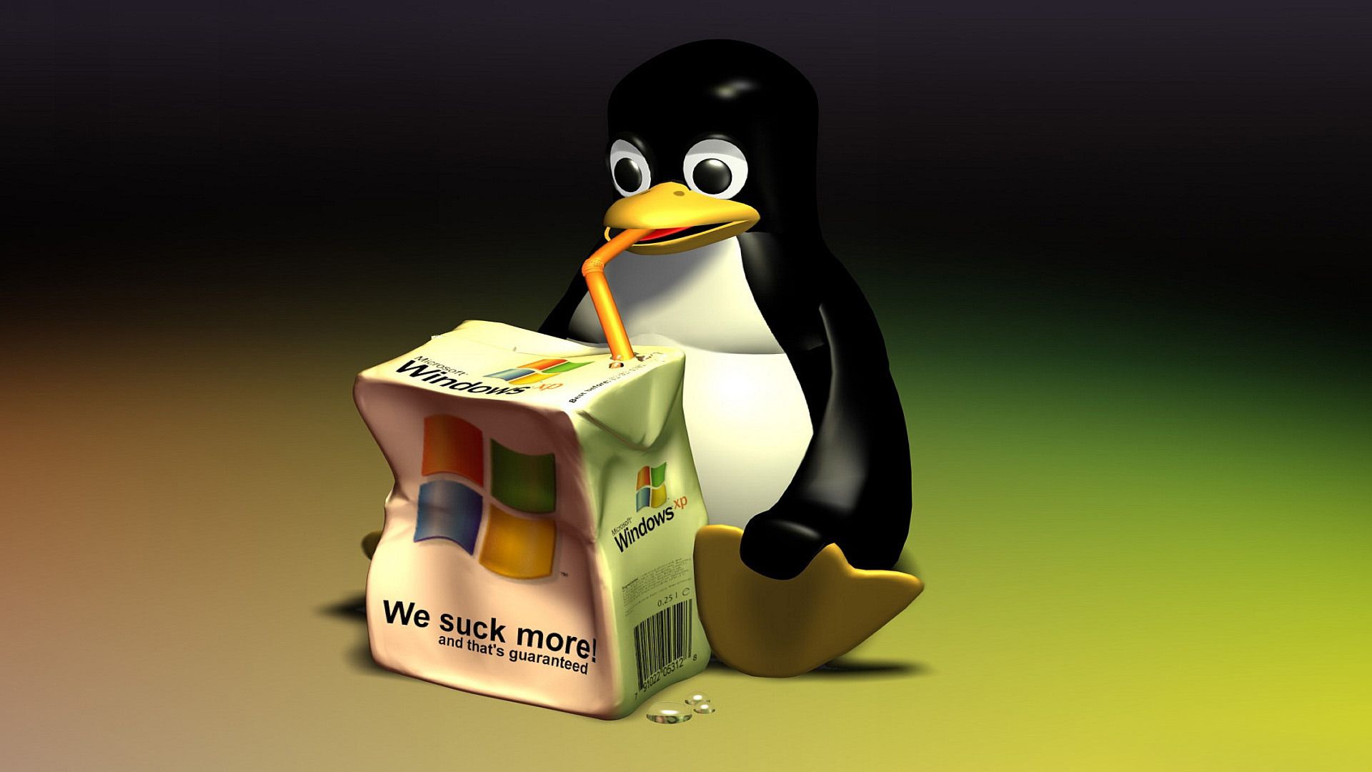 Tux drinking up Windows juice box wallpaper Wide HD Wallpaper