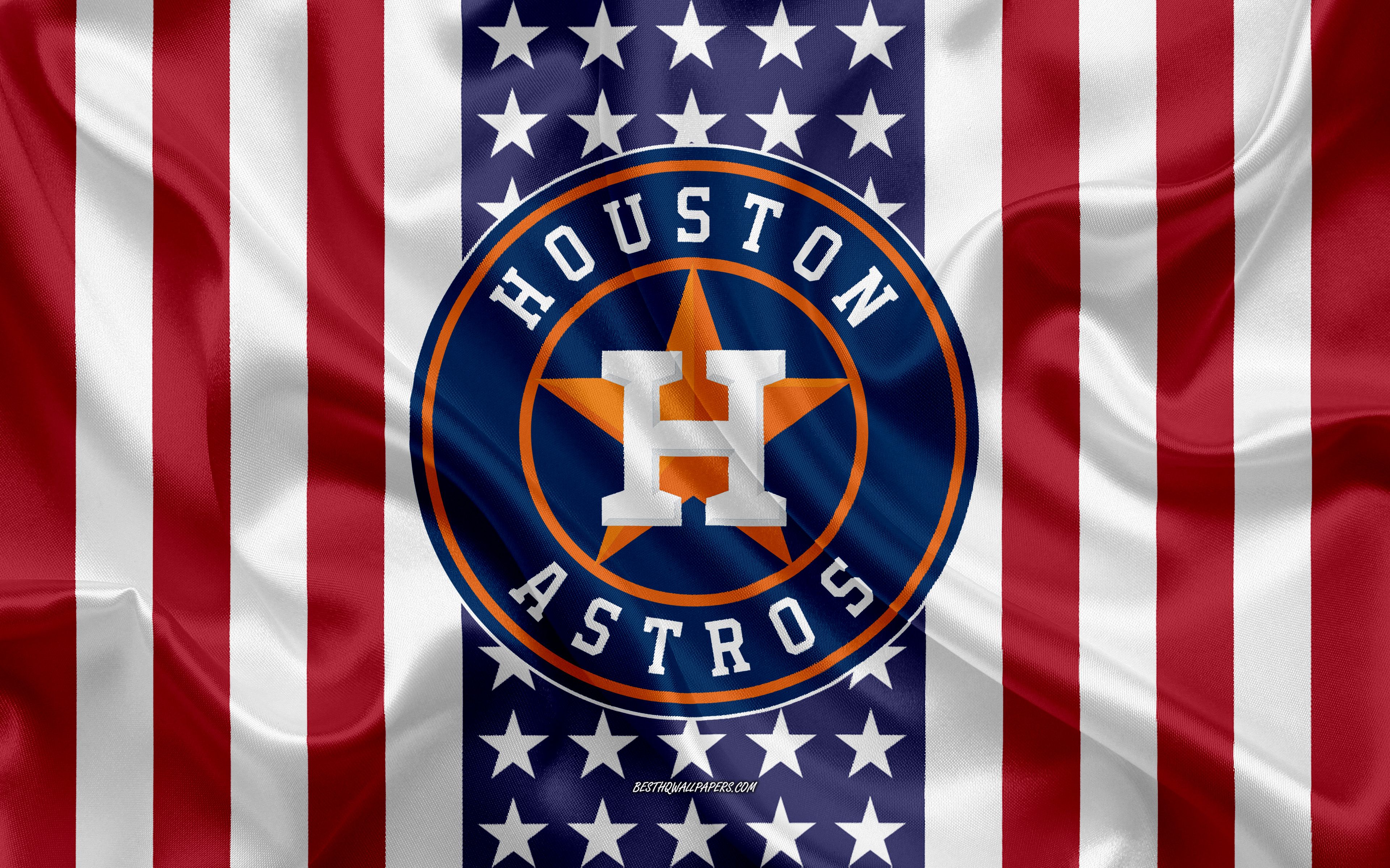 Download wallpaper Houston Astros, 4k, logo, emblem, silk texture, American flag, American baseball club, MLB, Houston, Texas, USA, Major League Baseball, baseball, silk flag for desktop with resolution 3840x2400. High Quality HD
