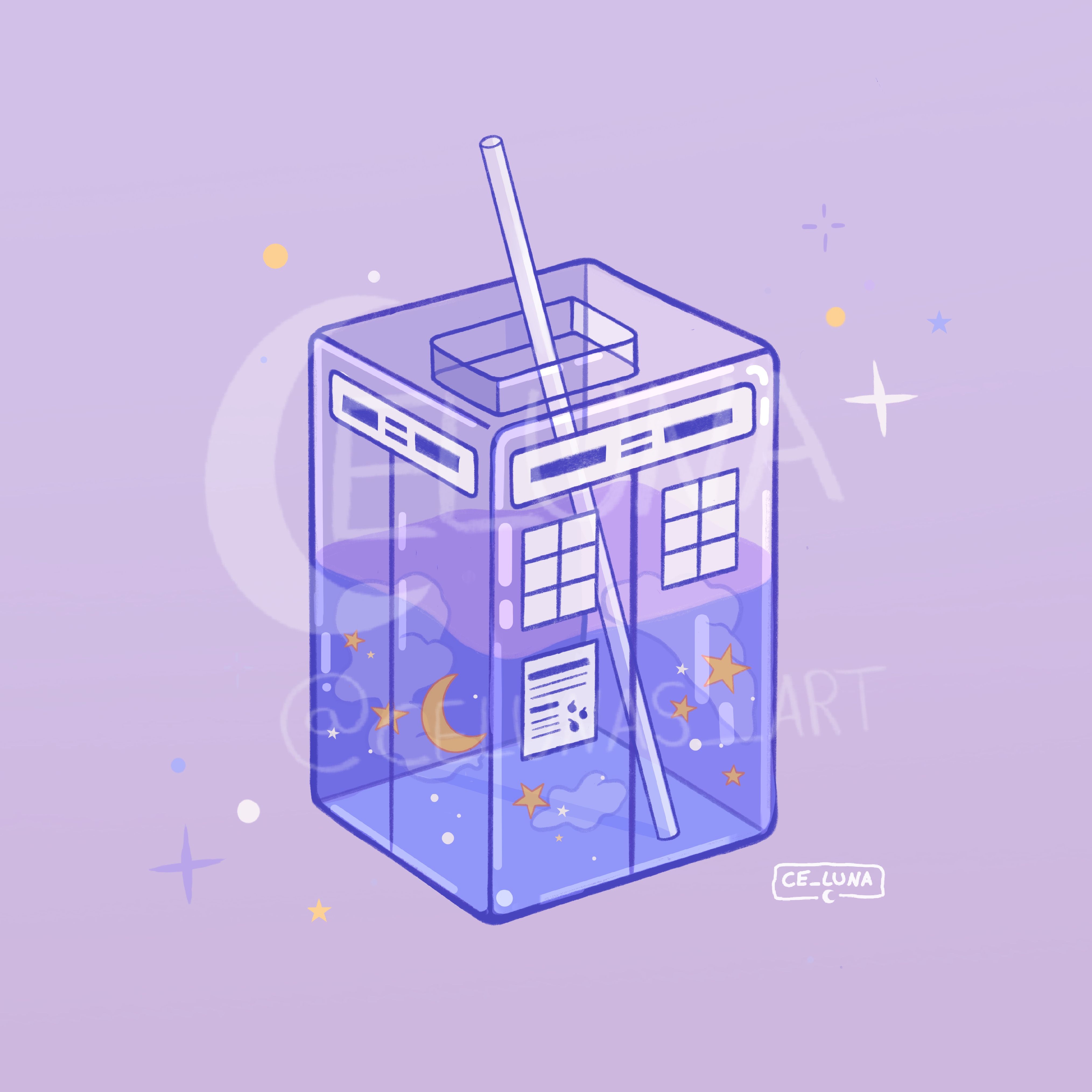 Tardis Galaxy Juice, an art print by Ce Luna. Cute kawaii drawings, Kawaii drawings, Cute animal drawings kawaii