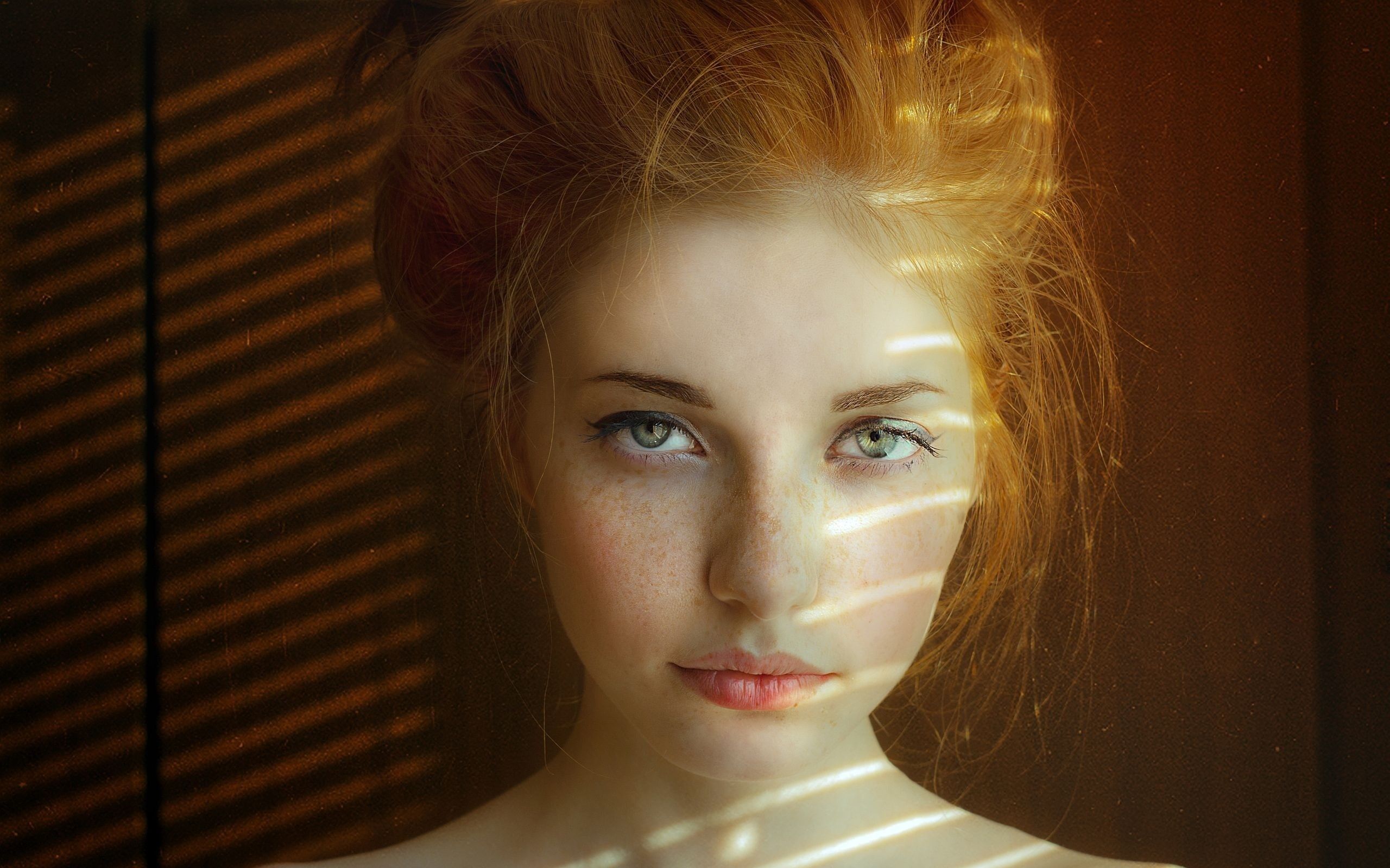 Women Redhead Green Eyes Face Freckles Portrait Aleksandra V Wallpaper:2560x1600