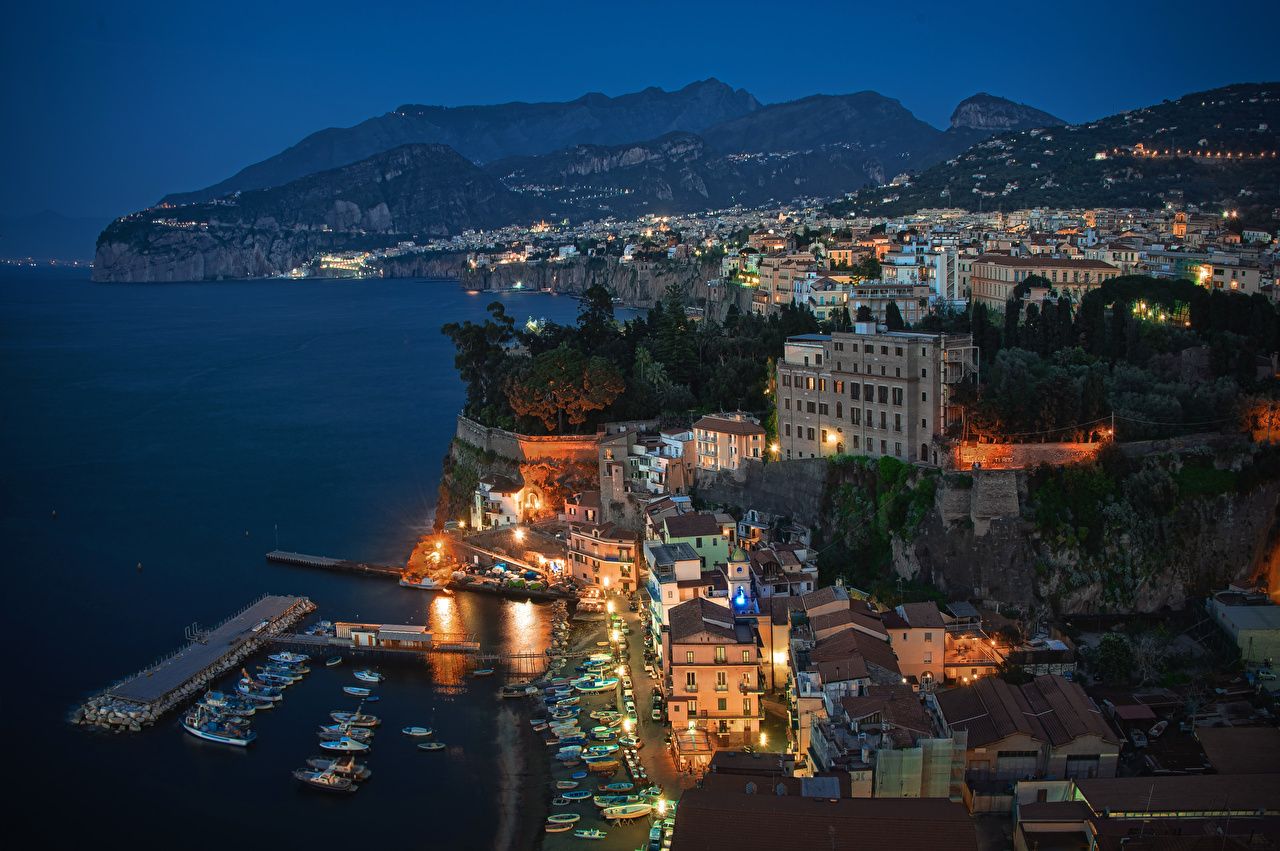 Desktop Wallpaper Sorrento Italy Coast night time From above Houses