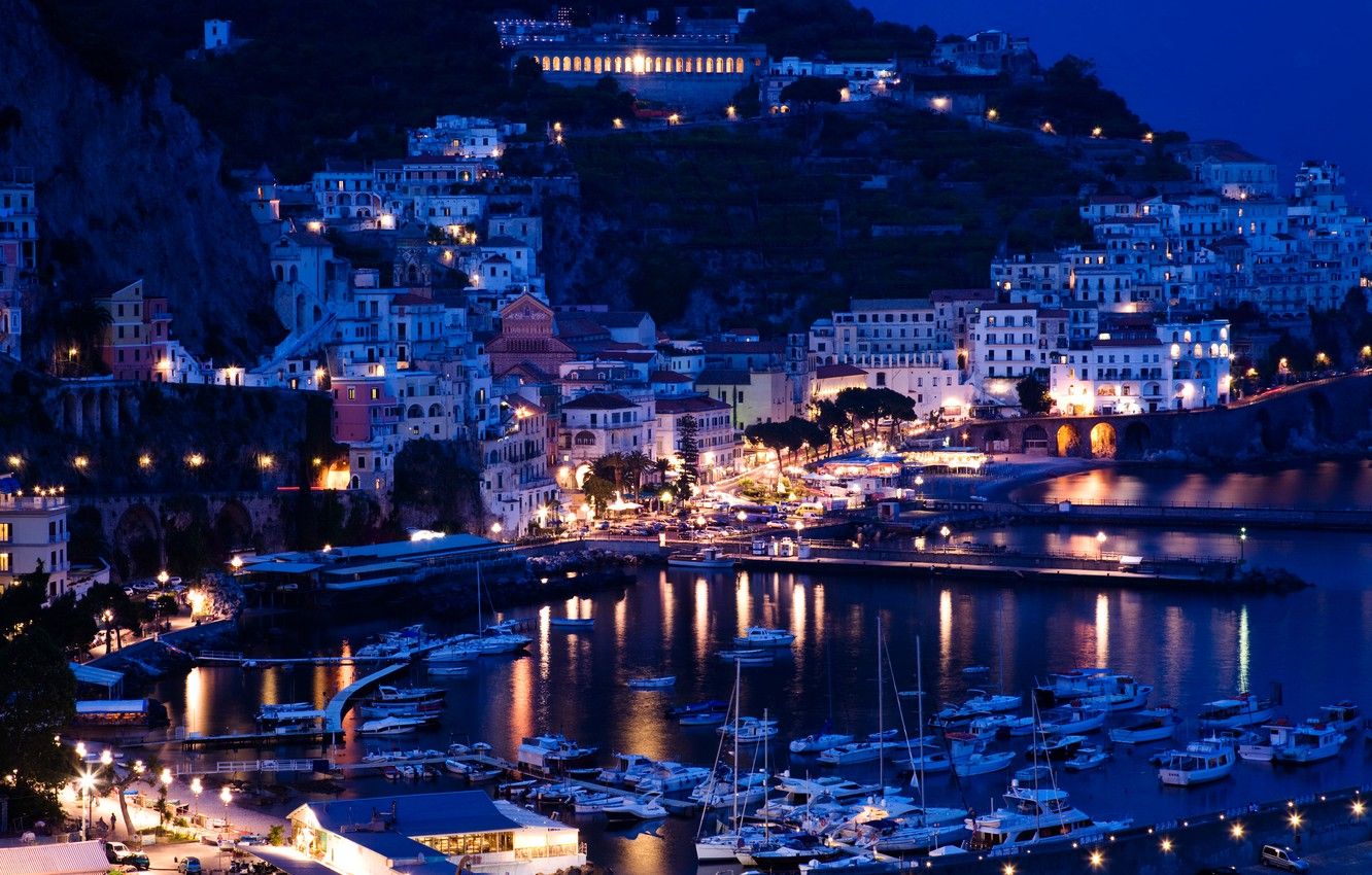 Wallpaper sea, mountains, night, lights, rocks, coast, home, yachts, boats, lights, Italy, piers, Sorrento, Positano image for desktop, section город