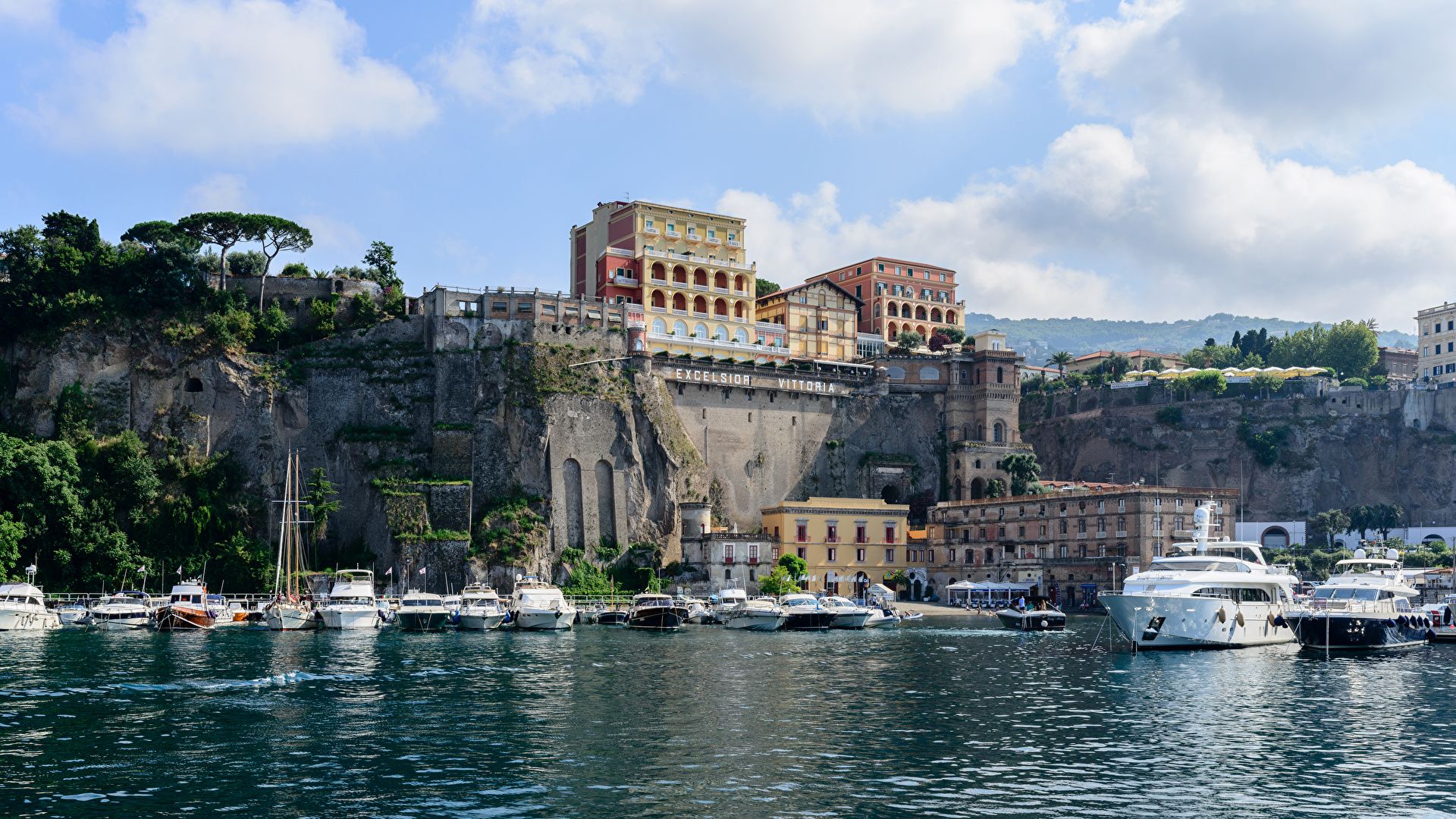 Photo Sorrento Italy Rock Pier Yacht Houses Cities 1920x1080
