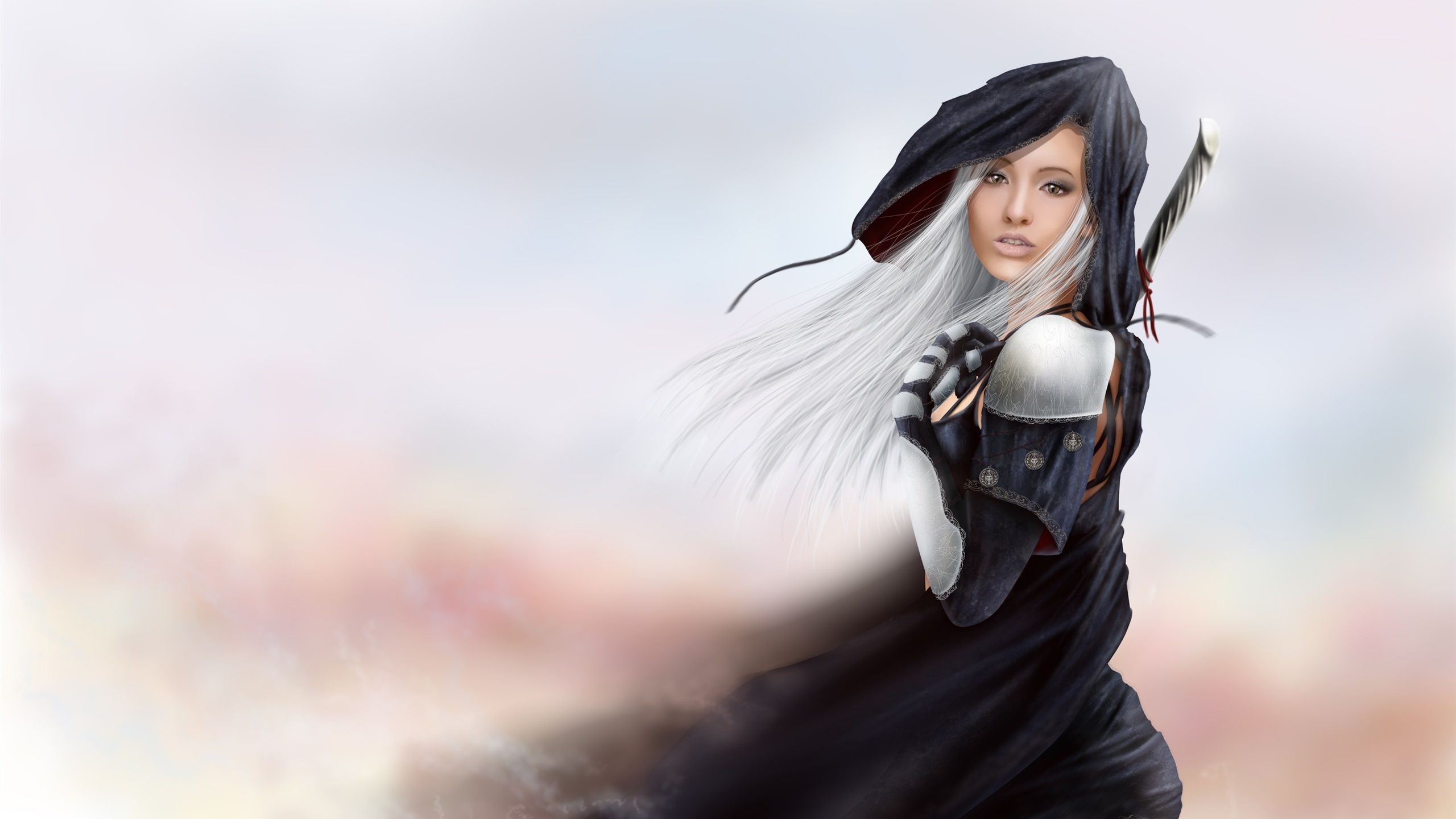 Wallpaper Fantasy girl, white hair, sword, wind 2560x1600 HD Picture, Image