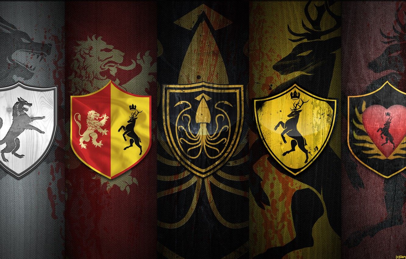 Wallpaper wolf, Leo, deer, octopus, coat of arms, A Song of Ice and Fire, Game of thrones, Stark, Game of thrones, A song of ice and fire, Stark, Greyjoy, Greyjoy, Baratheon, Baratheon