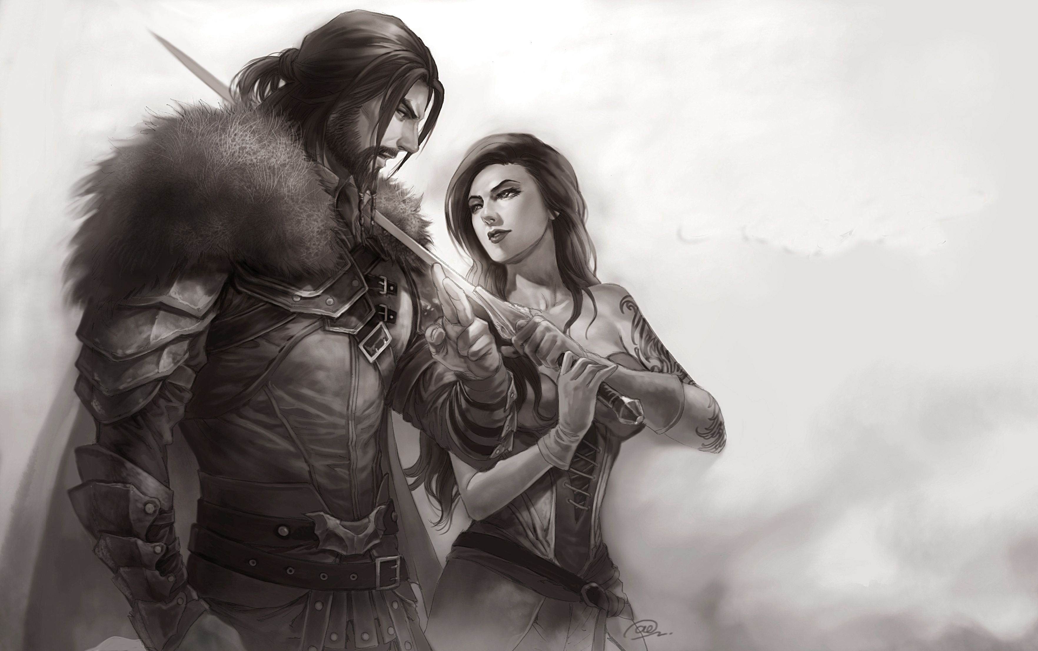 Black Amp White Couple Love Man Sword Warrior Woman Wallpaper:3528x2214
