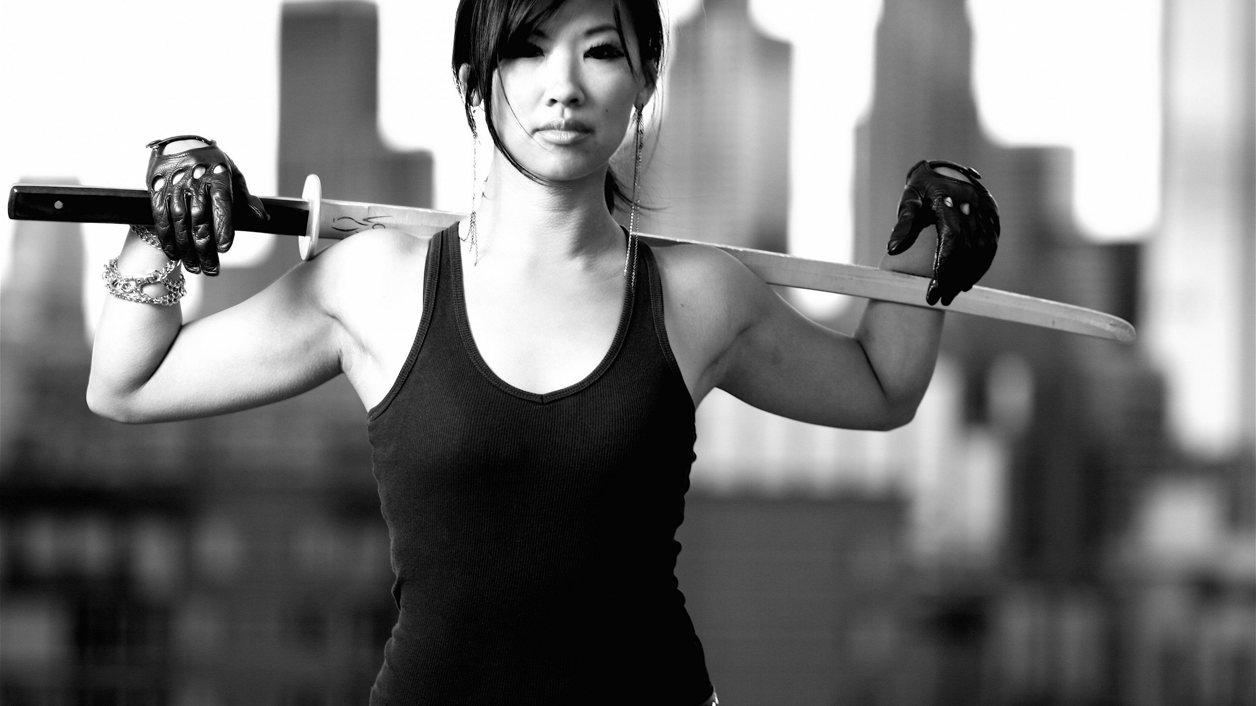 #sword, #women, #model, #monochrome, #Asian, wallpaper