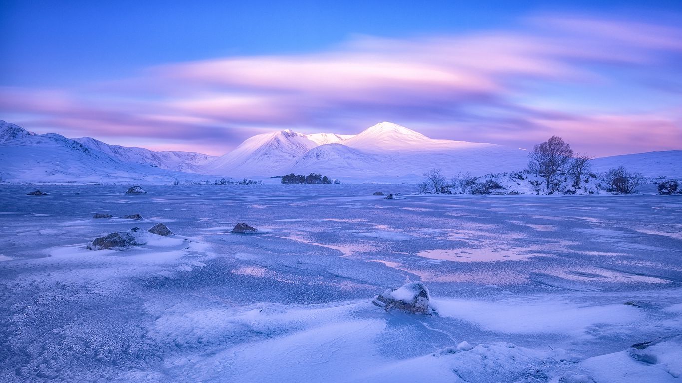 Download wallpaper 1366x768 mountains, winter, sky, pink, snow, blue, loch lomond, rannoch moor, scotland tablet, laptop HD background