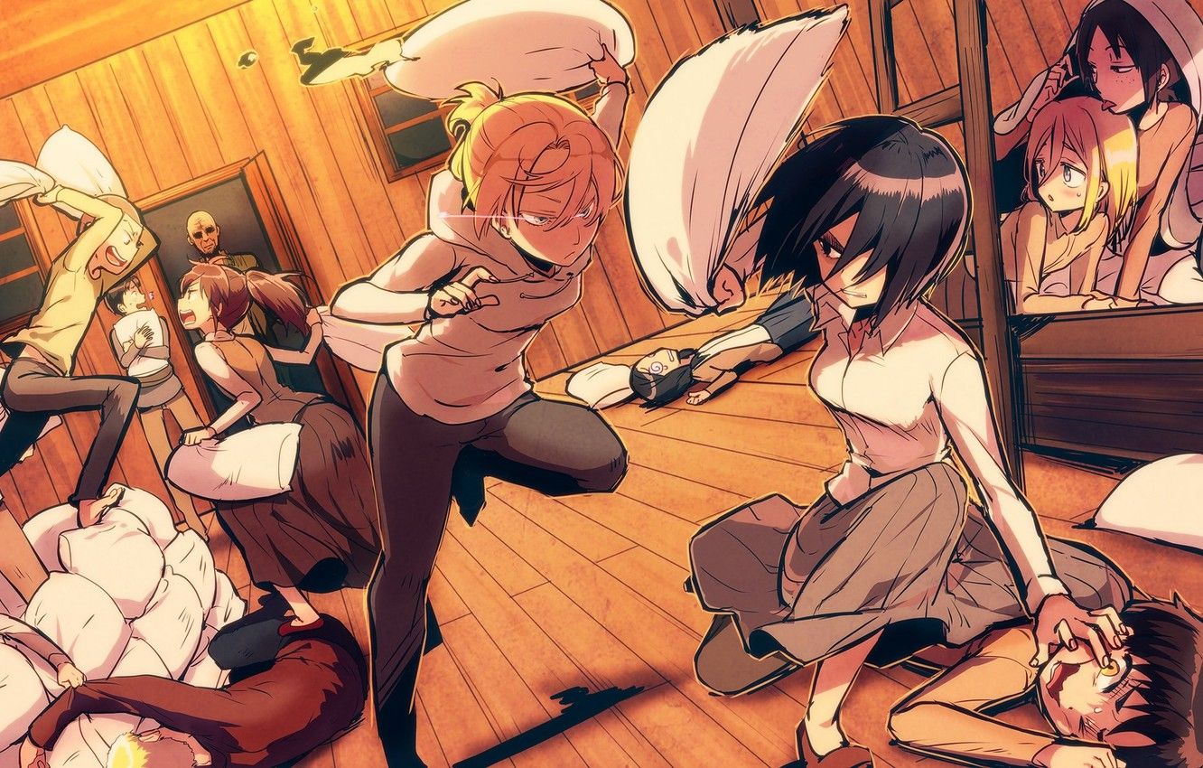 Wallpaper pillow, fight, Mikasa Ackerman, Eren Yeager, Sasha Blouse, Annie Leonhardt, Armin Arlert, Connie Springer, Marco Bodt, Jean Kirschtein, Reiner Braun, barracks, Shingeki no Kyojin / Attack On Titan, recruits image for