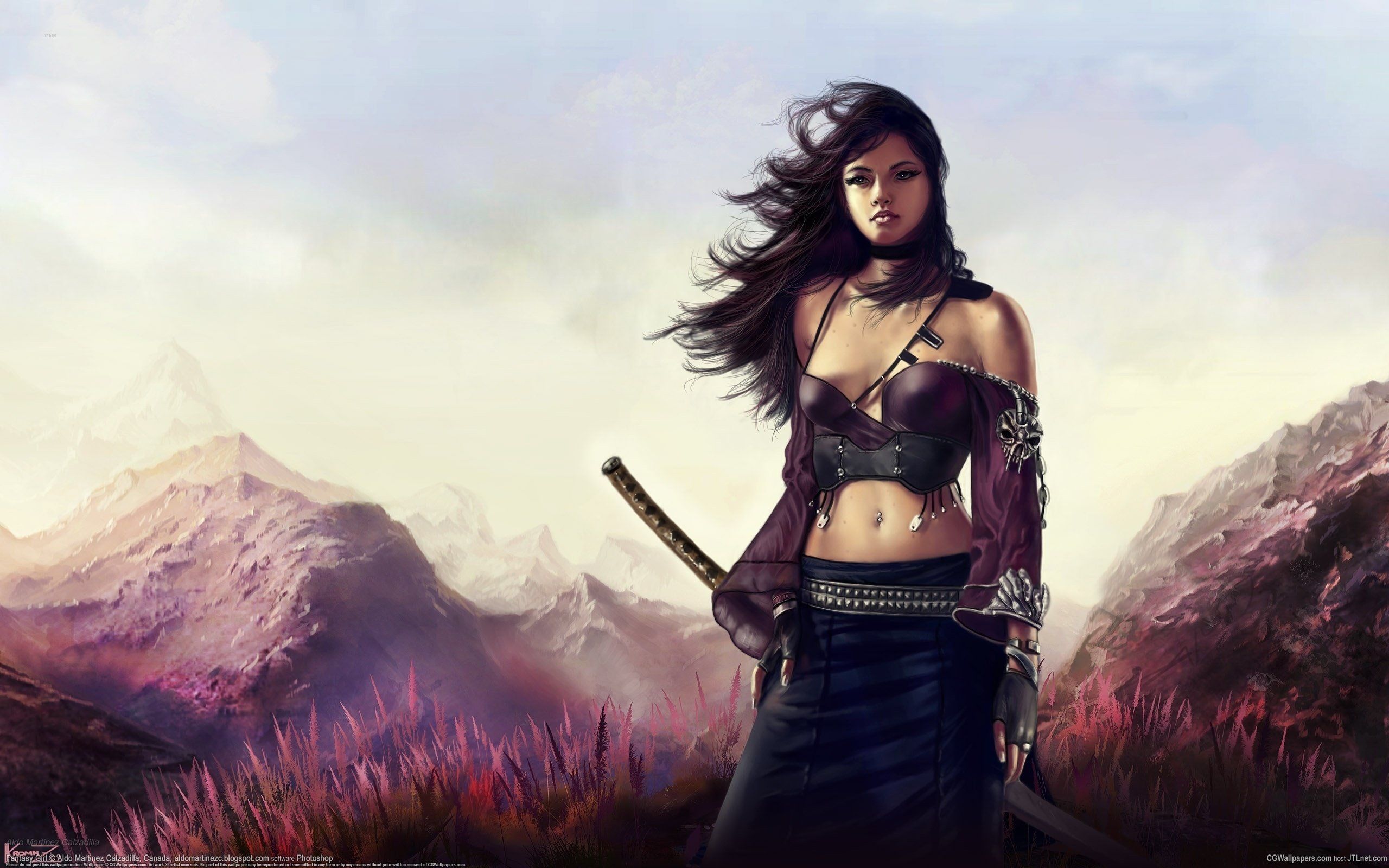 Art girl sword wind mountains katana wallpaperx1600