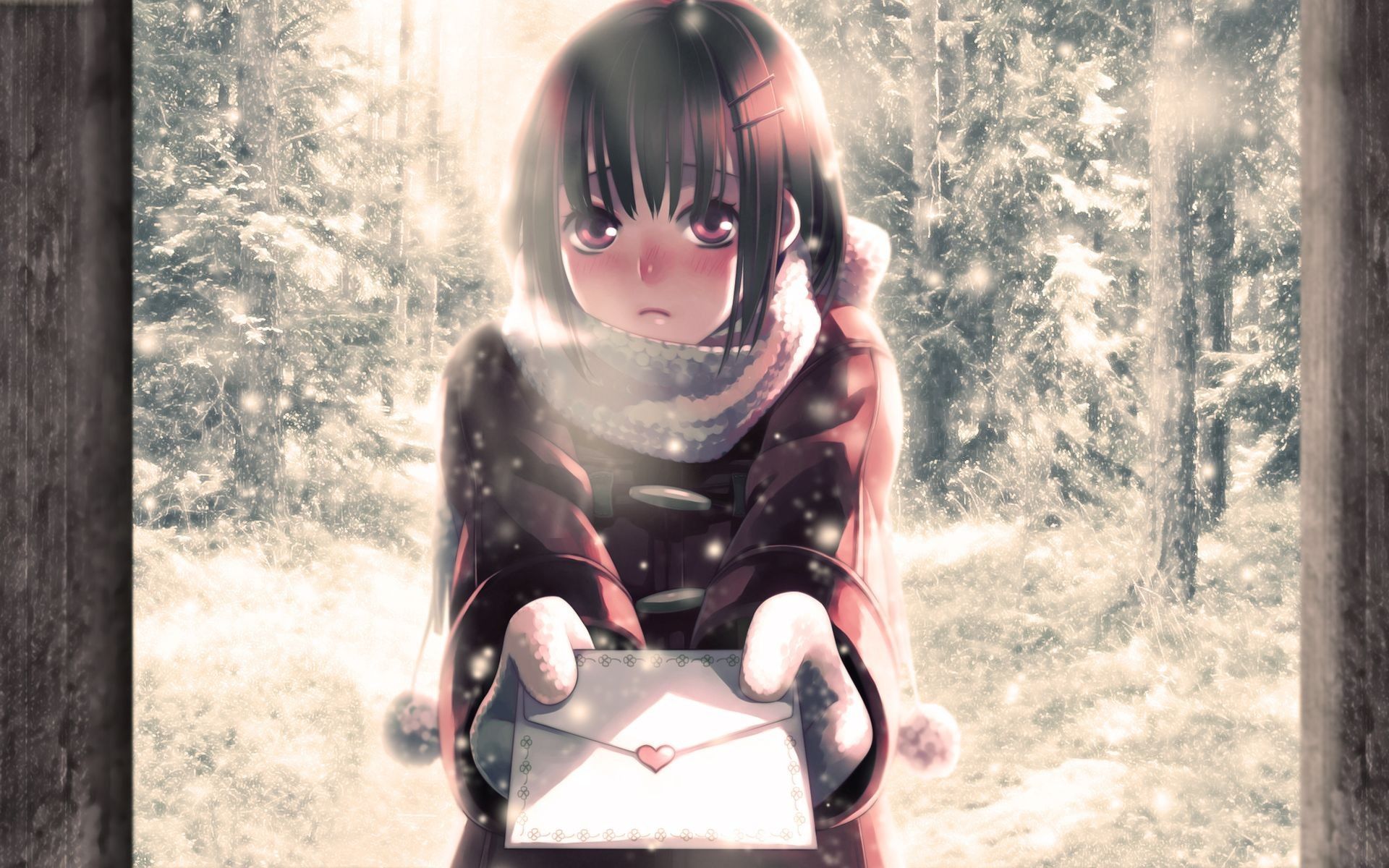 winter, snow, cold, short hair, blush, anime girls, letter, original characters wallpaper