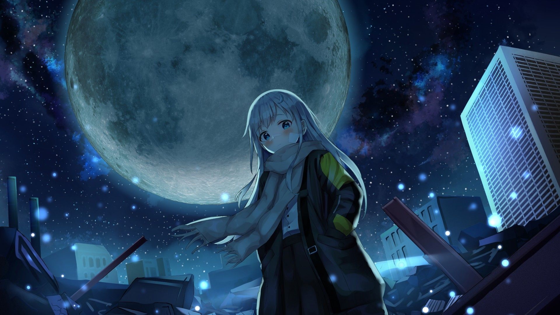 Download 1920x1080 Anime Night, Giant Moon, Starry Sky, Anime Girl, Winter Wallpaper for Widescreen