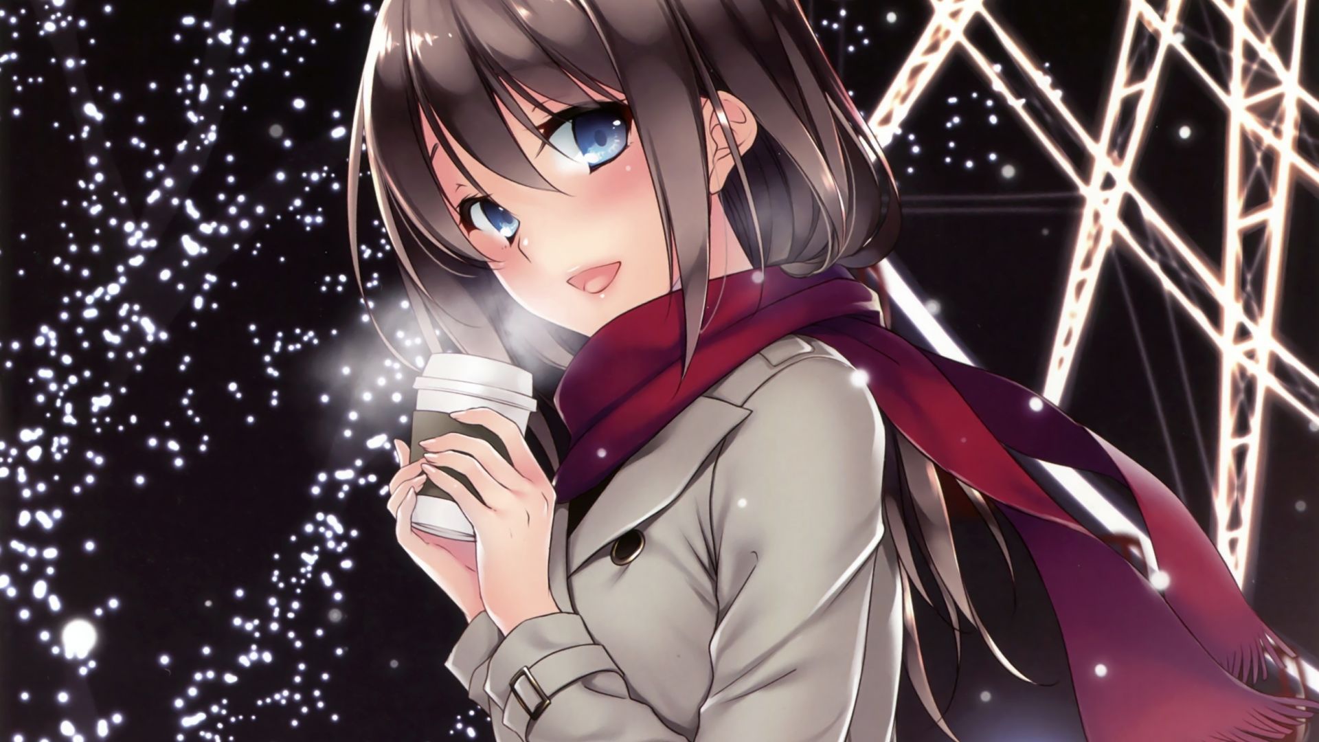 Desktop wallpaper drink, coffee, anime girl, winter, HD image, picture, background, 0a5b2b