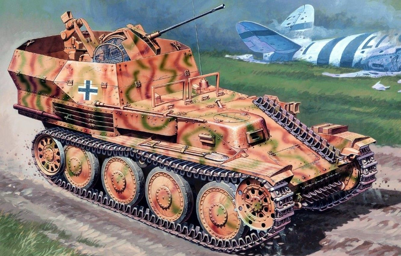 Wallpaper Figure, Art, APU, German Anti Aircraft Self Propelled Gun, Cheetah, Sd.Car.140, Flakpanzer 38(t), Panzerkampfwagen 38 For 2 Cm Flak For Desktop, Section оружие