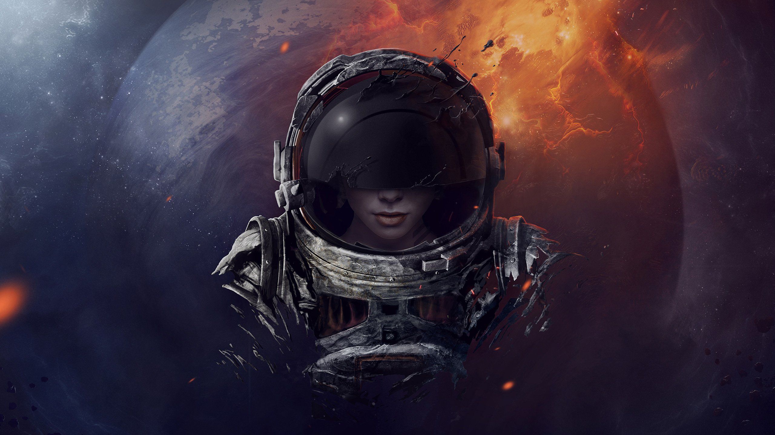 Astronaut helmet girl planet wallpaperx1440
