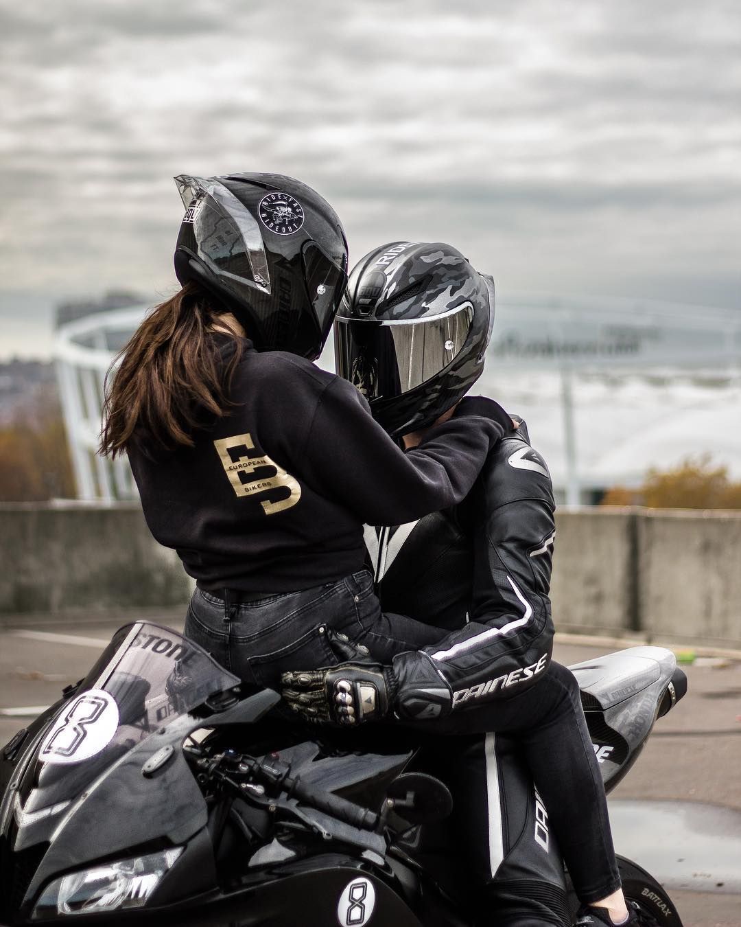 Image may contain: one or more people, motorcycle and outdoor. Biker love, Biker couple, Bike couple