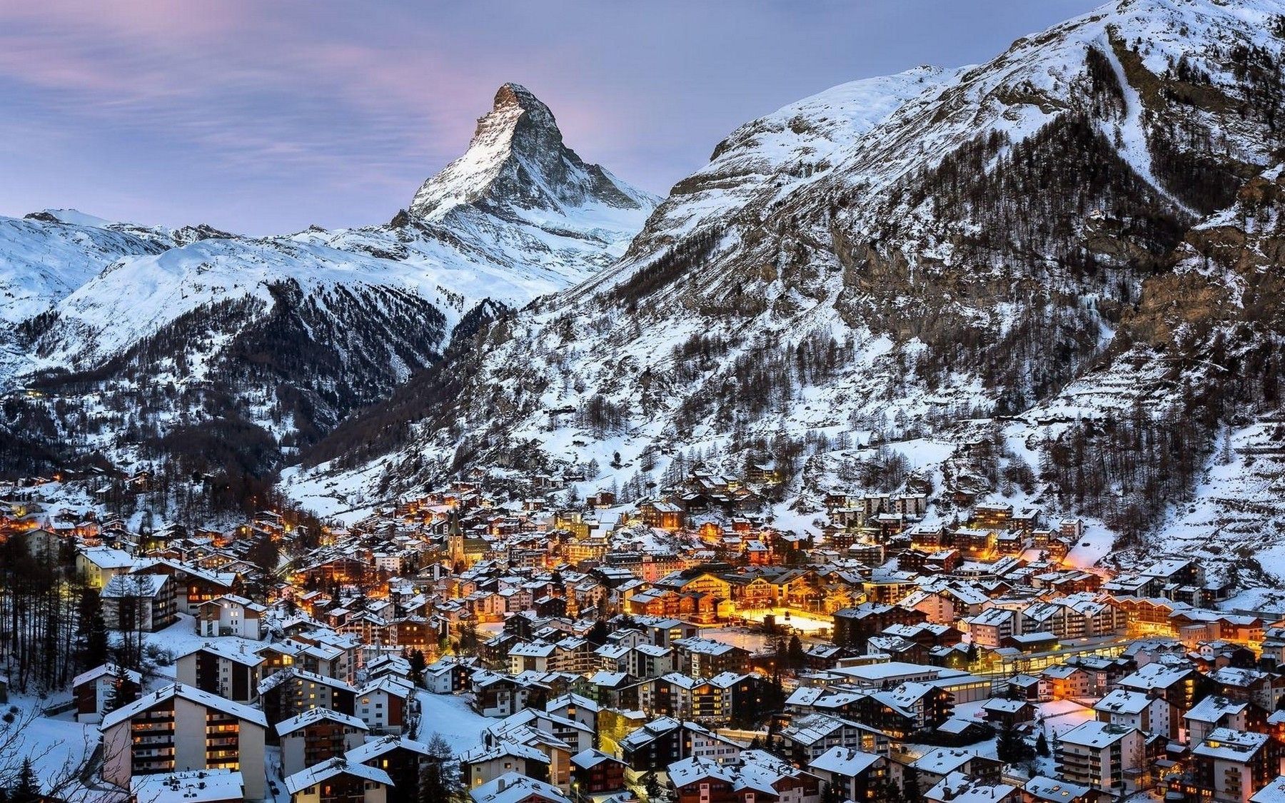 Switzerland, Mountains, Snow, Winter, Town, Matterhorn, Zermatt, Photography, Landscape, City, Lights, Architecture, Swiss Alps Wallpaper HD / Desktop and Mobile Background