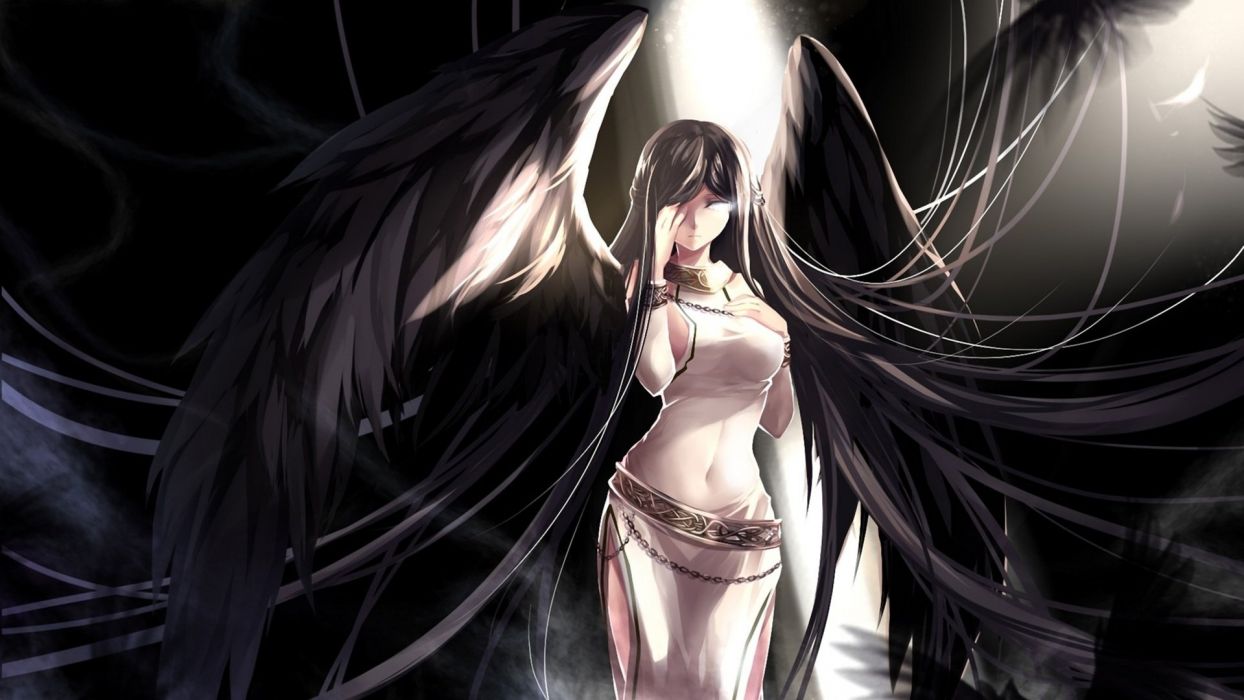 Skade wings feathers girl art Morrigan black Mabinogi angel wings anime wallpaperx1080