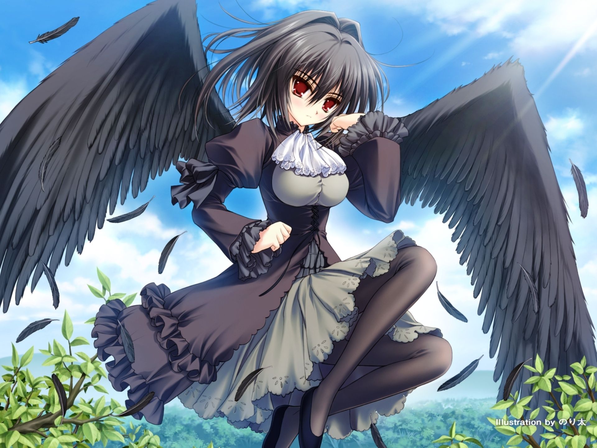 High quality image of girl angel with black wings, wallpaper of summer, sun
