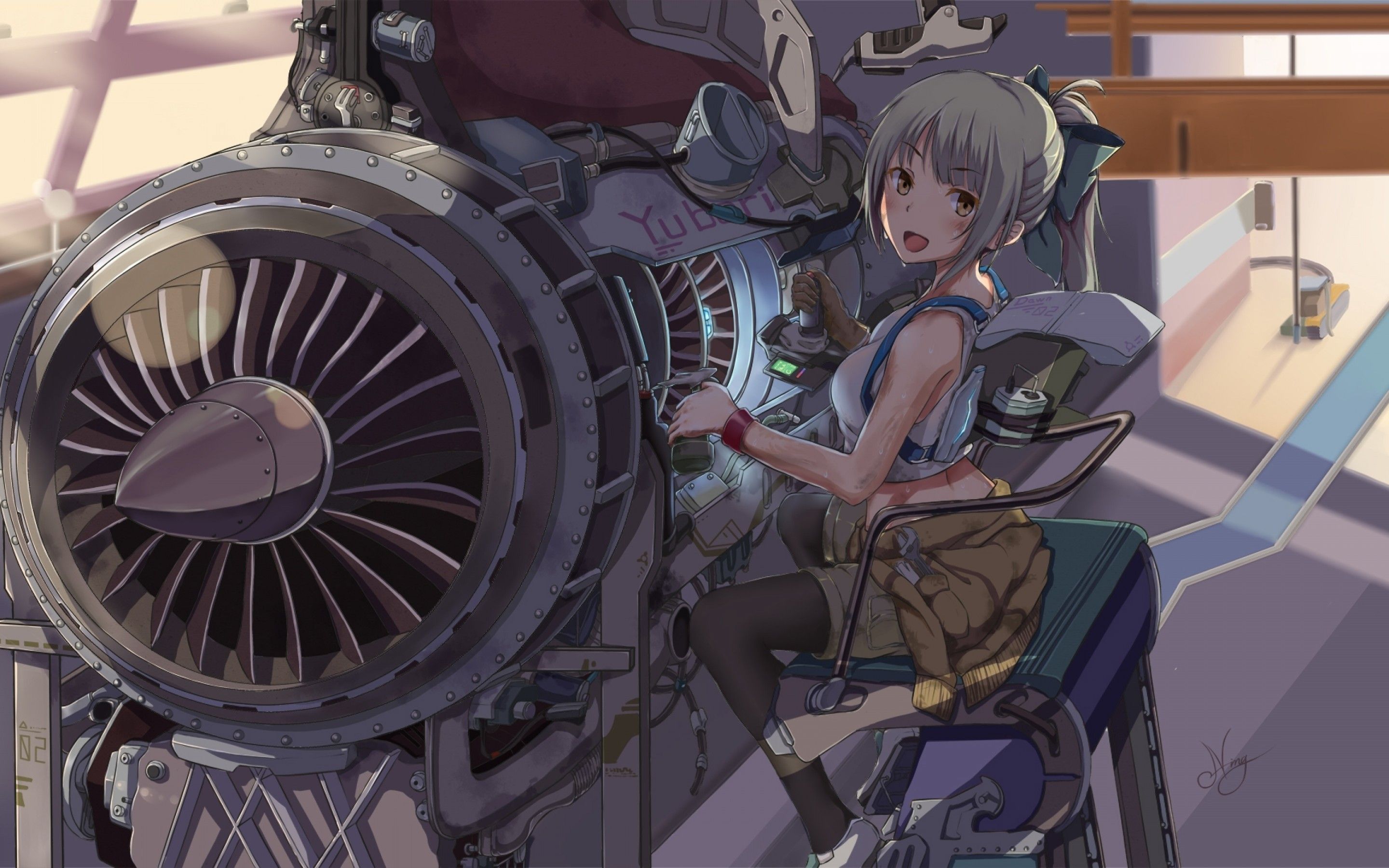 Download 2880x1800 Anime Girl, Mechanic, Engine, Repair, Smiling Wallpaper for MacBook Pro 15 inch