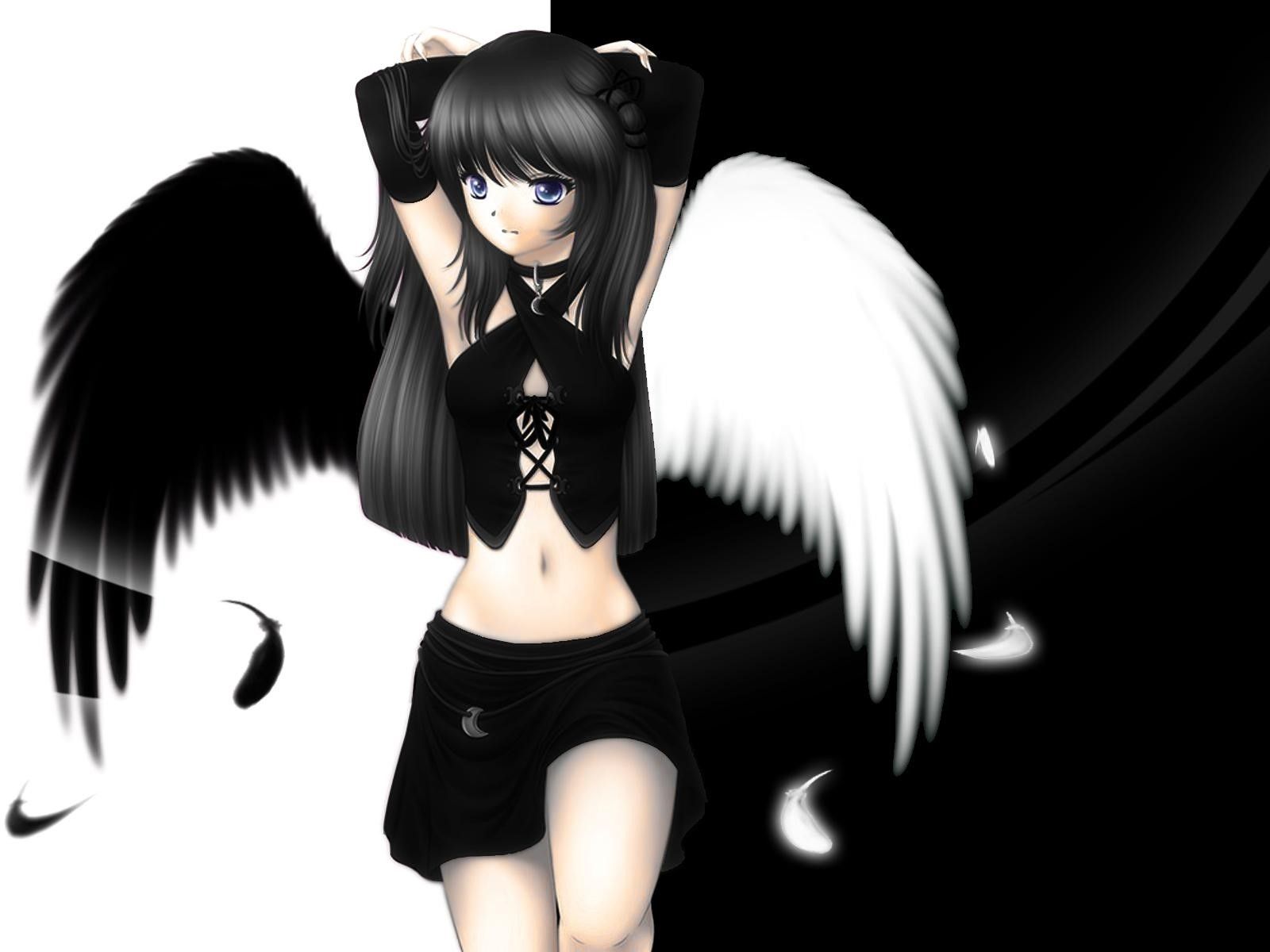 Anime Girl With Black And White Wings