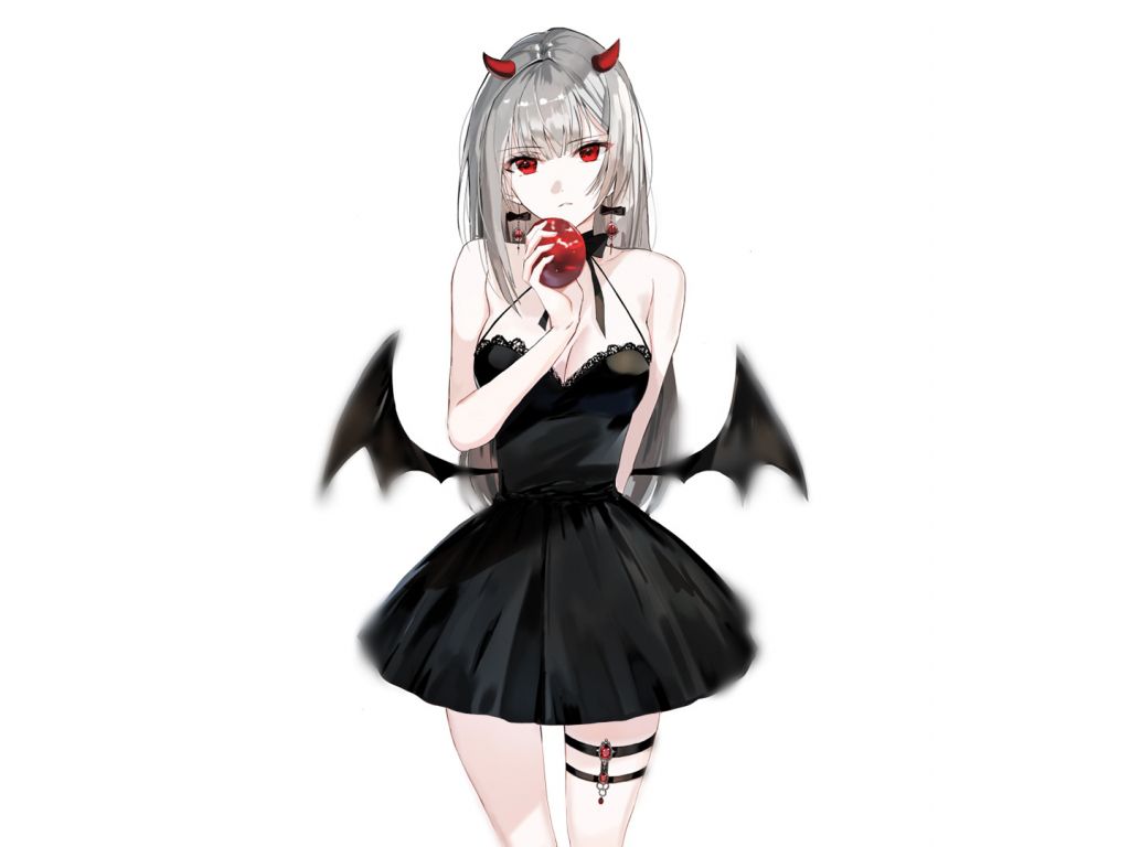Desktop wallpaper devil, small wings, anime girl, black dress, HD image, picture, background, 911a08