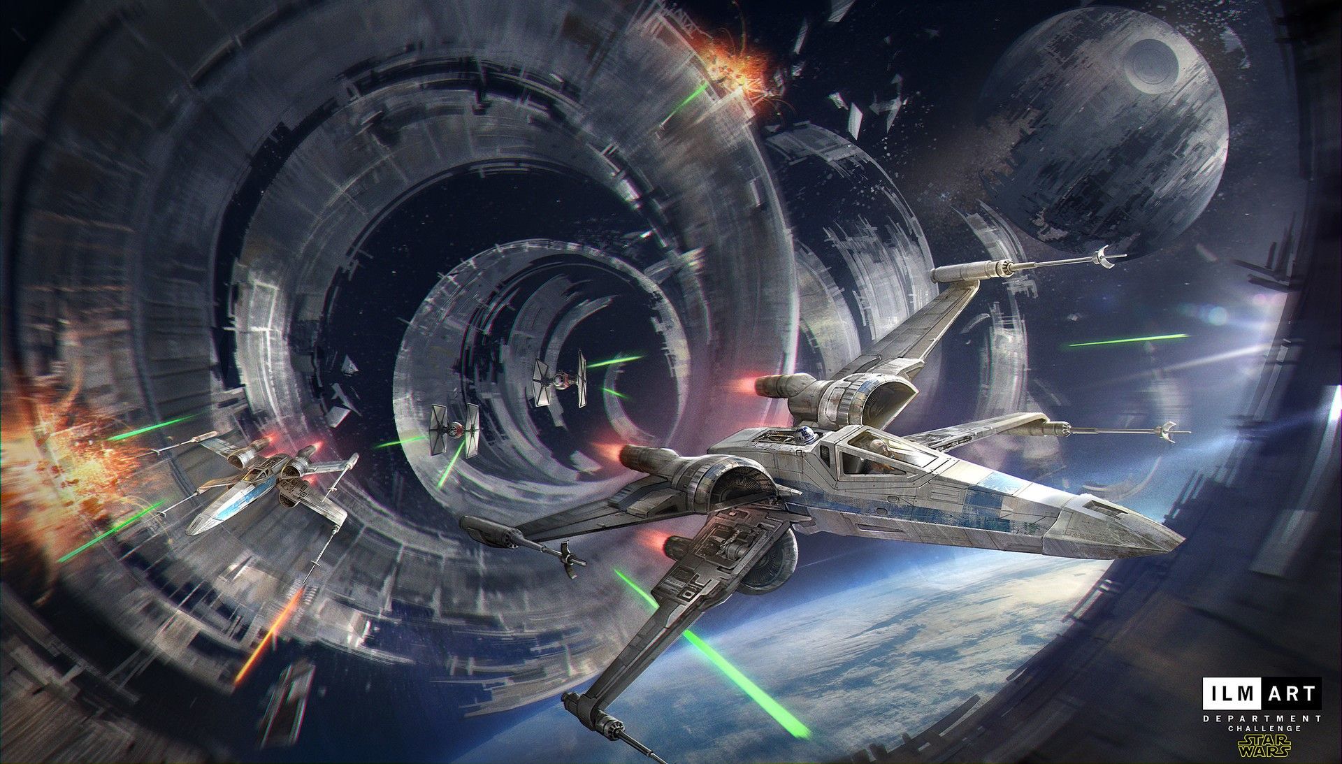 Wallpaper / Star Wars, X Wing, Spaceship, TIE Fighter, Blaster, Fighting, Dogfight, Death Star, Tunnel, Laser Free Download