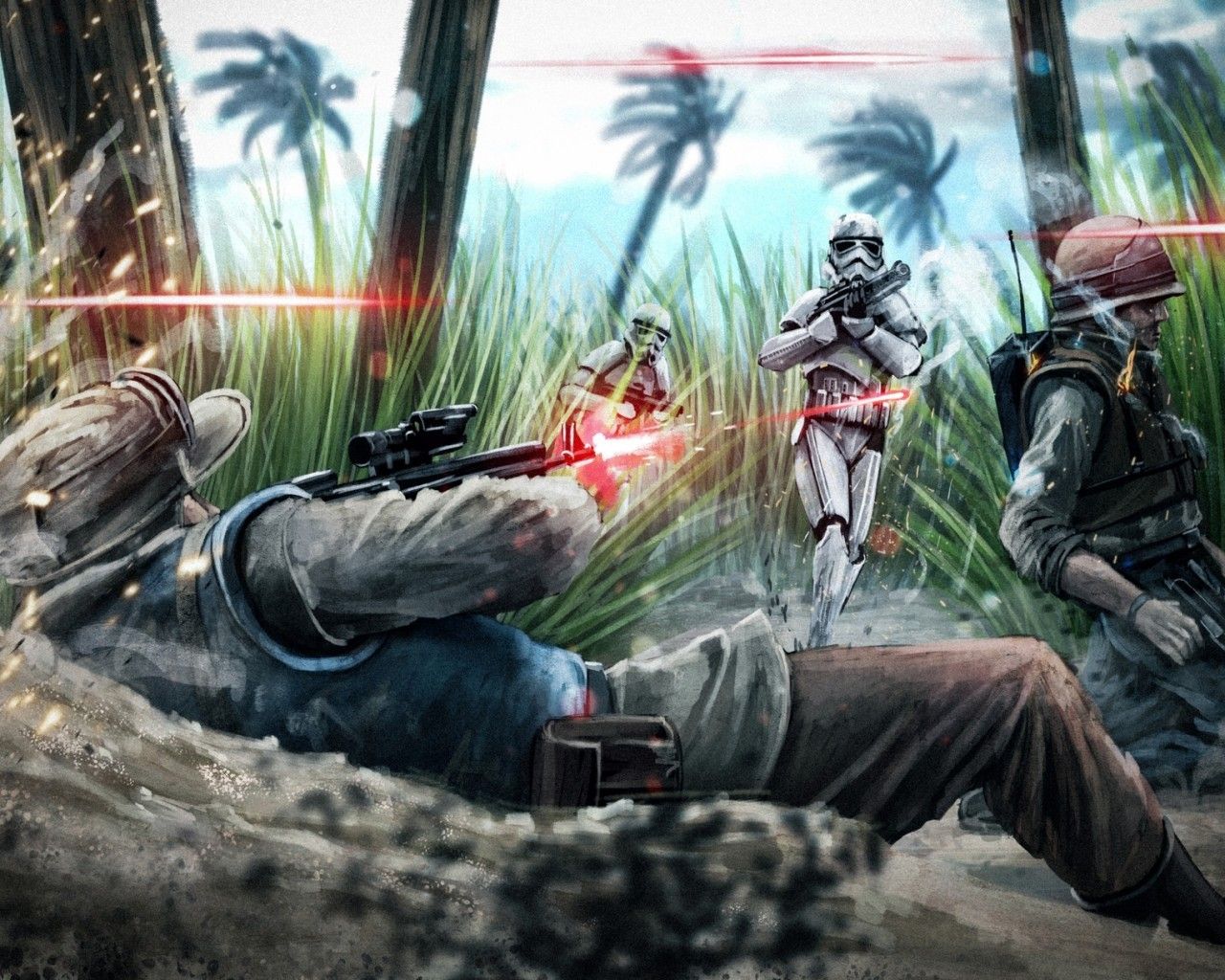 Download 1280x1024 Star Wars, Stormtroopers, Battle, Laser Guns, Artwork Wallpaper