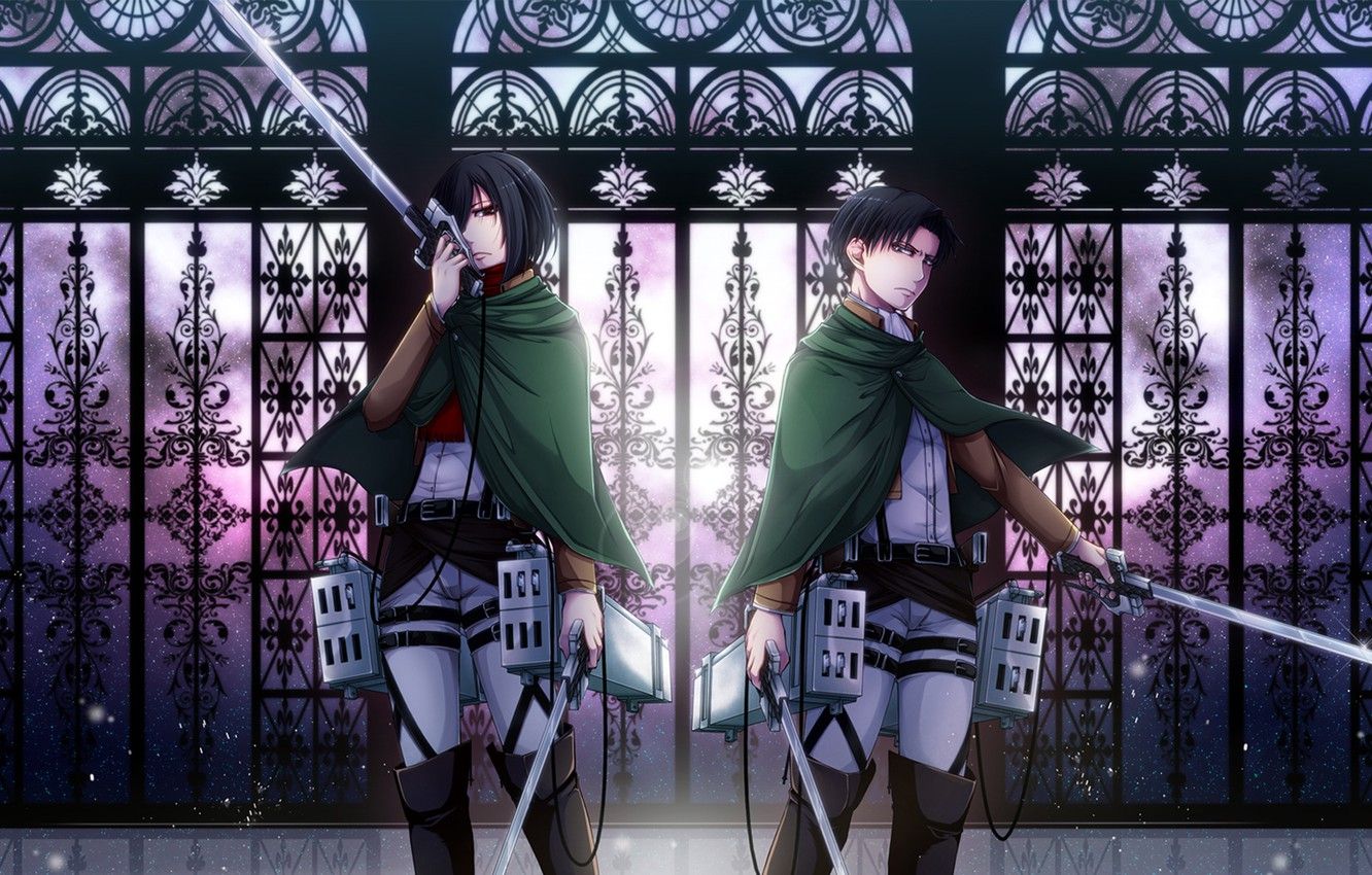 Wallpaper girl, weapons, guy, two, Attack on Titan, Shingeki no Kyojin, Mikasa Ackerman, Rivaille, Levi image for desktop, section сёнэн