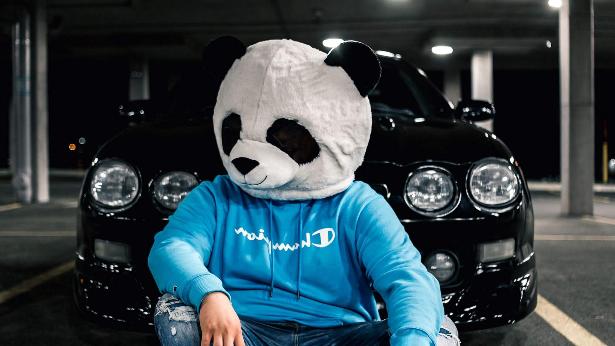 Wallpaper Black Sports Car, Panda Mask Guy