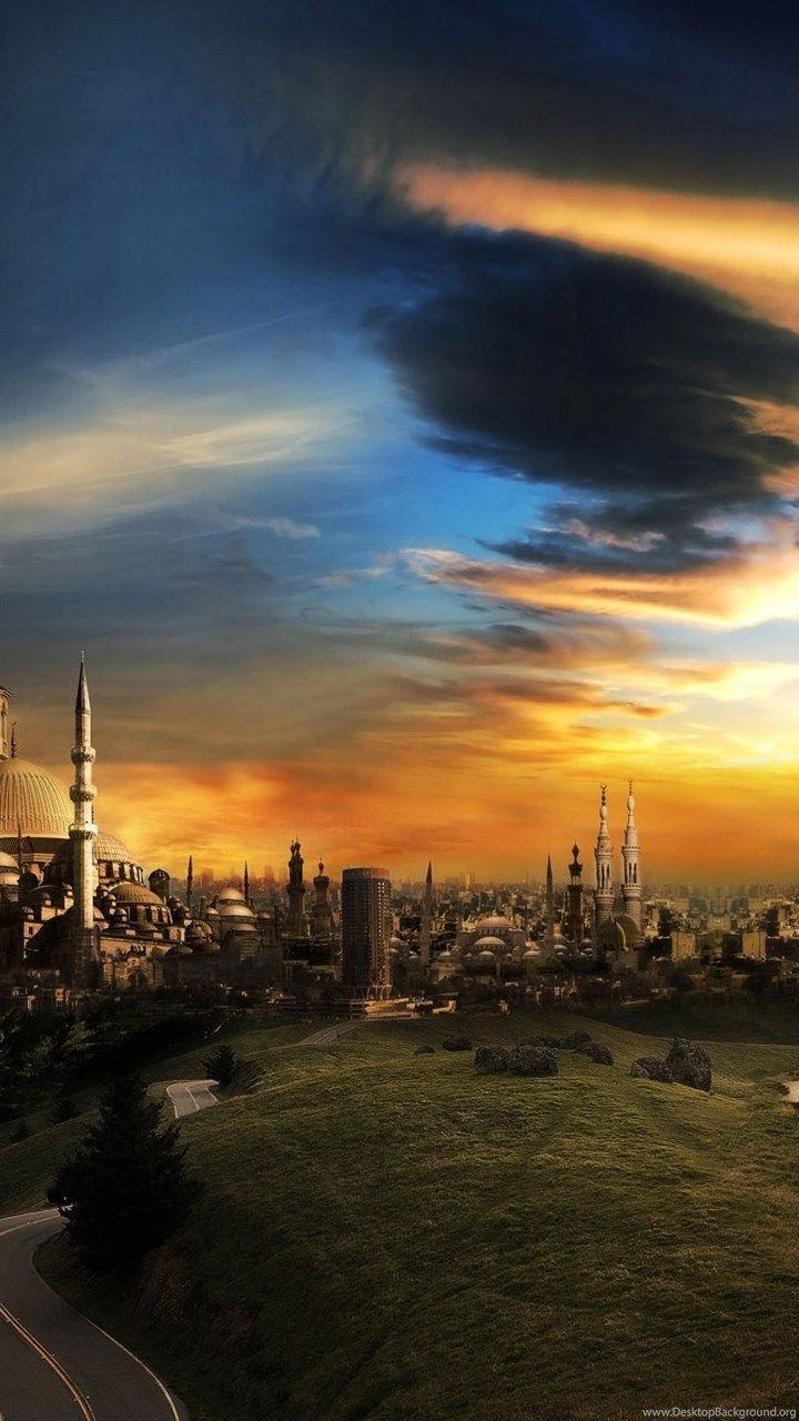 Download Wallpaper 3840x2400 Islam, Mosque, City, Sunset Ultra HD. Desktop Background