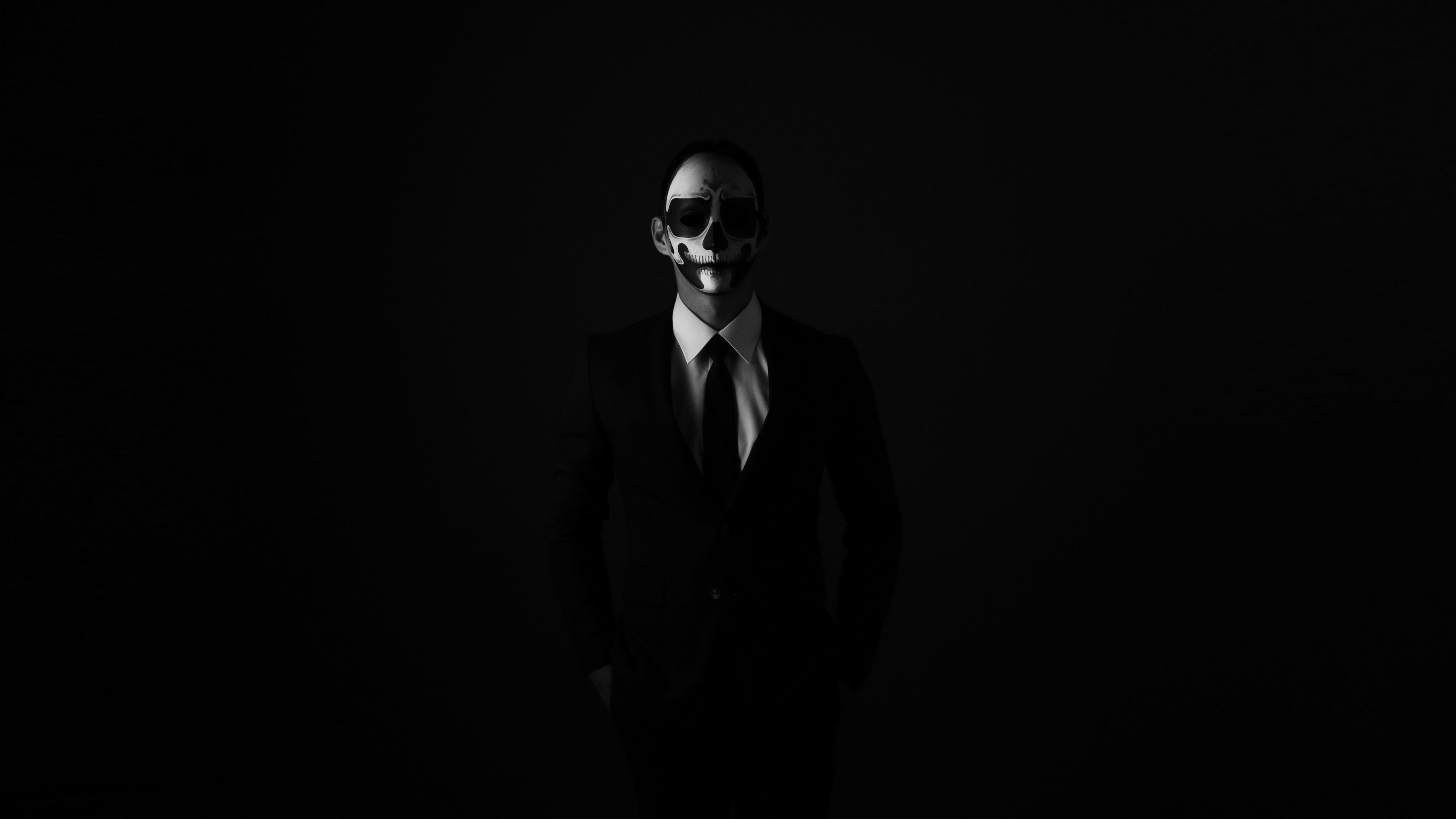 Wallpaper 4k mask, anonymous, bw, tie, suit jacket, shirt, dark 4k Anonymous, bw, Mask