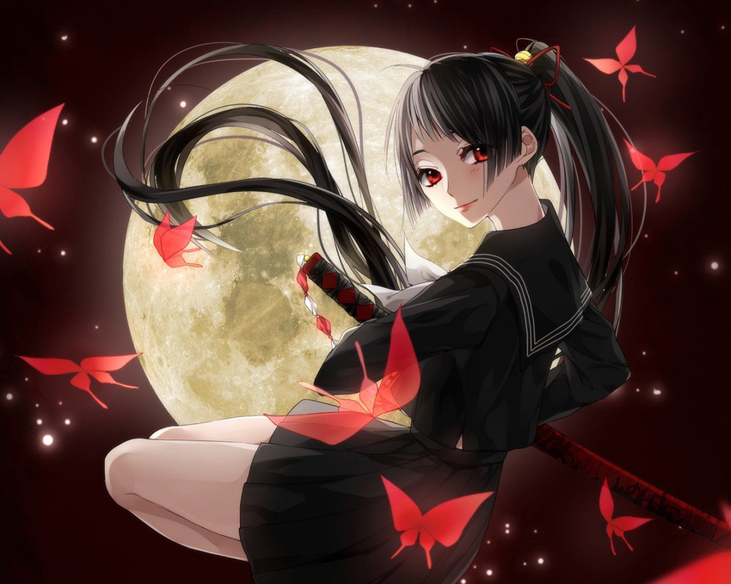 Samurai girl moon red smile anime uniform sword butterfly wallpaperx1152