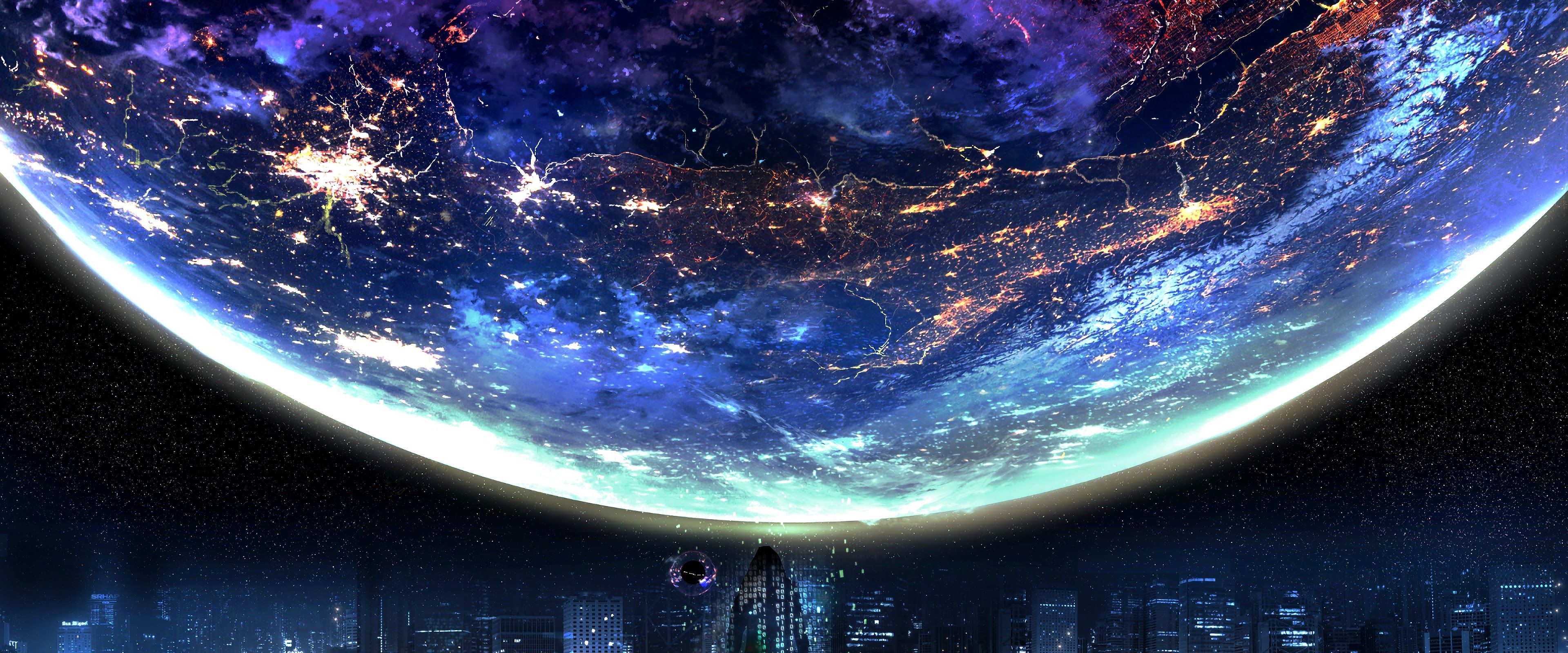 Planet Night City Landscape Scenery Anime 4K Wallpaper