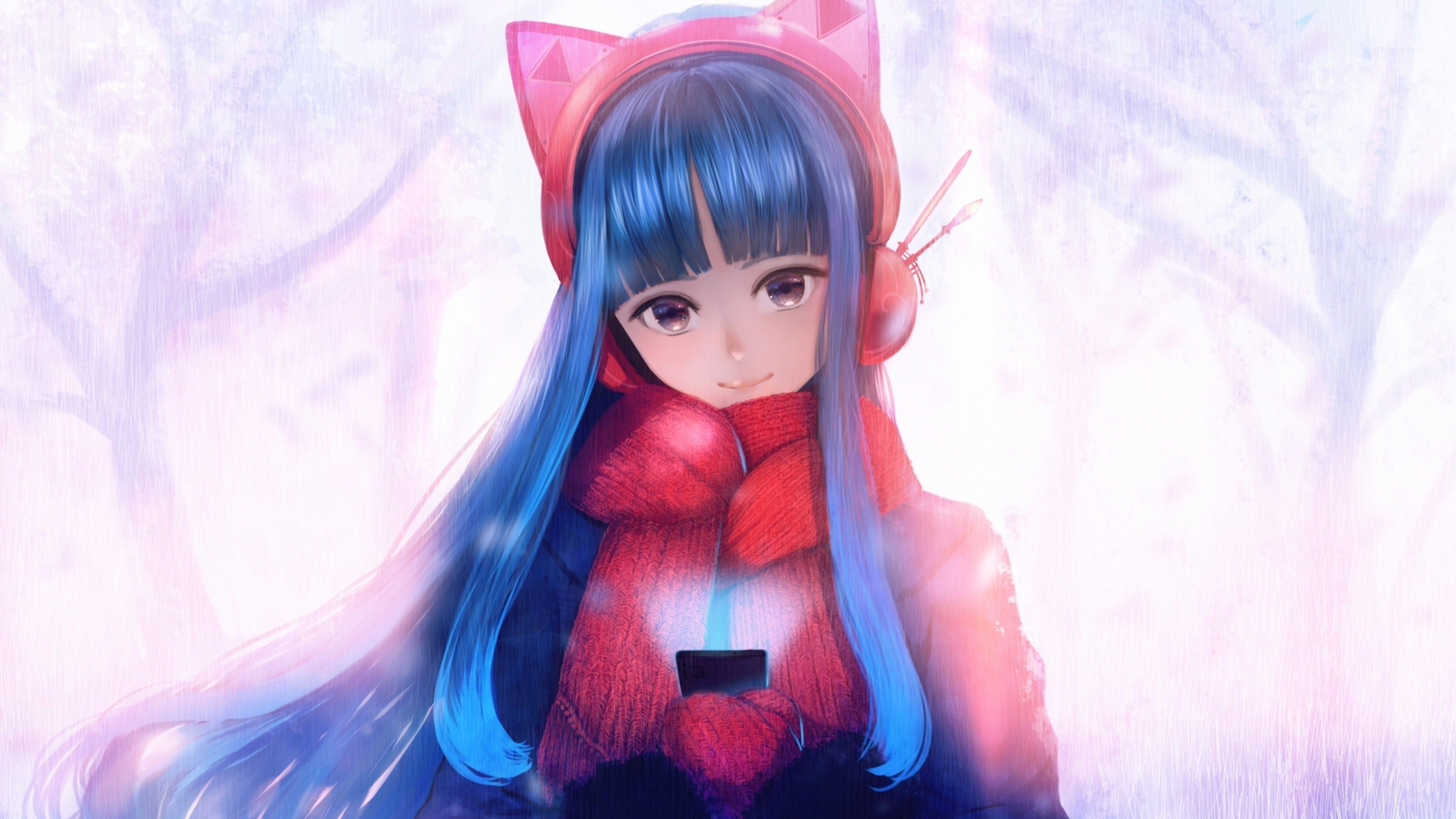 Download 3840x2160 Anime Girl, Cold, Winter, Scarf, Headphones, Blue Hair, Smiling Wallpaper for UHD TV