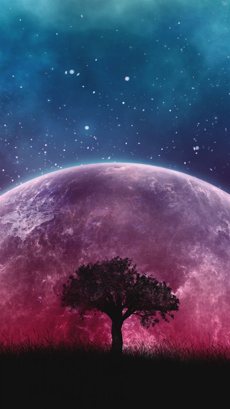 Tree planet stars galaxy art iPhone 8 Wallpaper Free Download