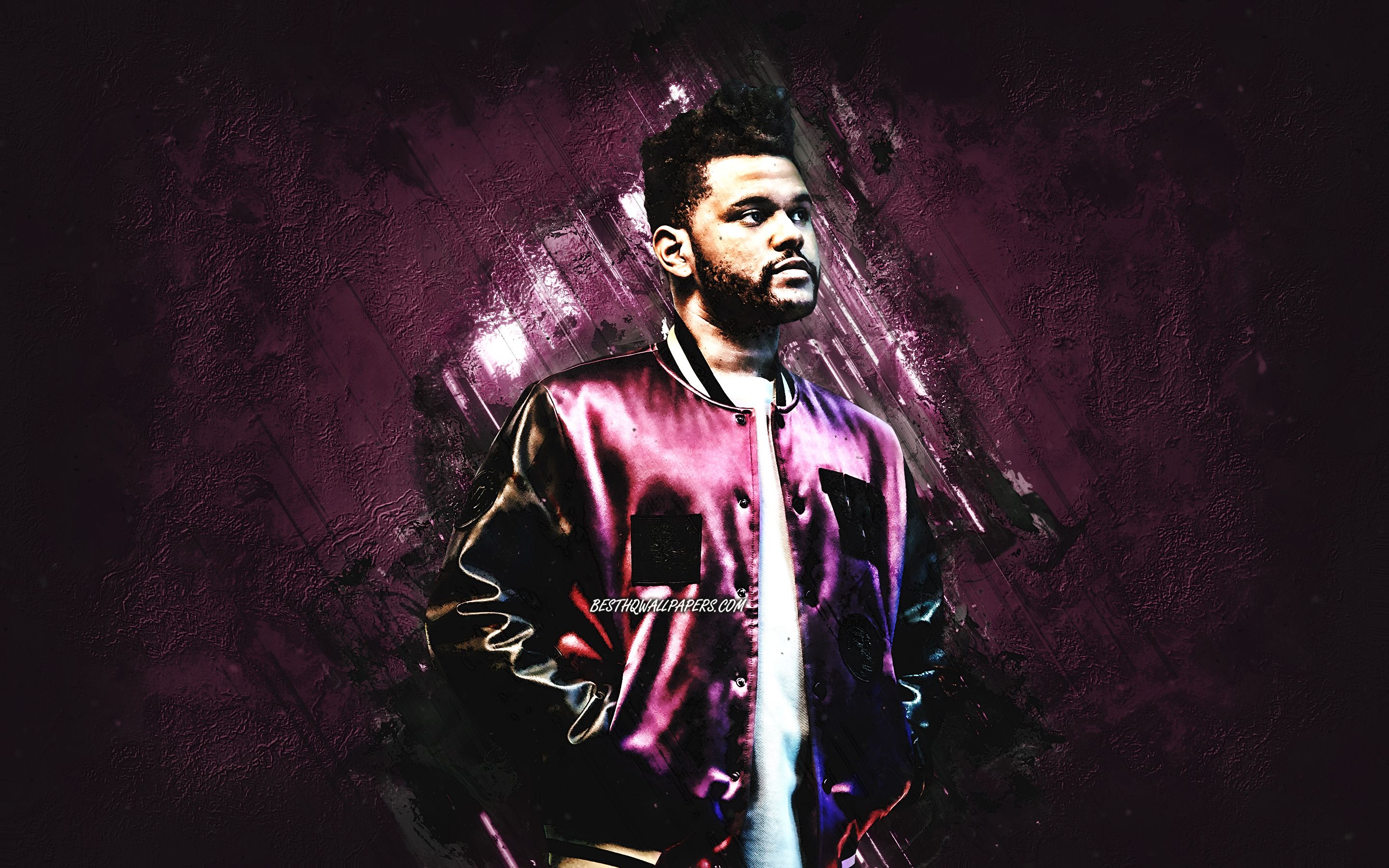 Download wallpaper The Weeknd, portrait, canadian singer, purple stone background, creative art, drawing, popular singers, Abel Makkonen Tesfaye for desktop with resolution 2880x1800. High Quality HD picture wallpaper