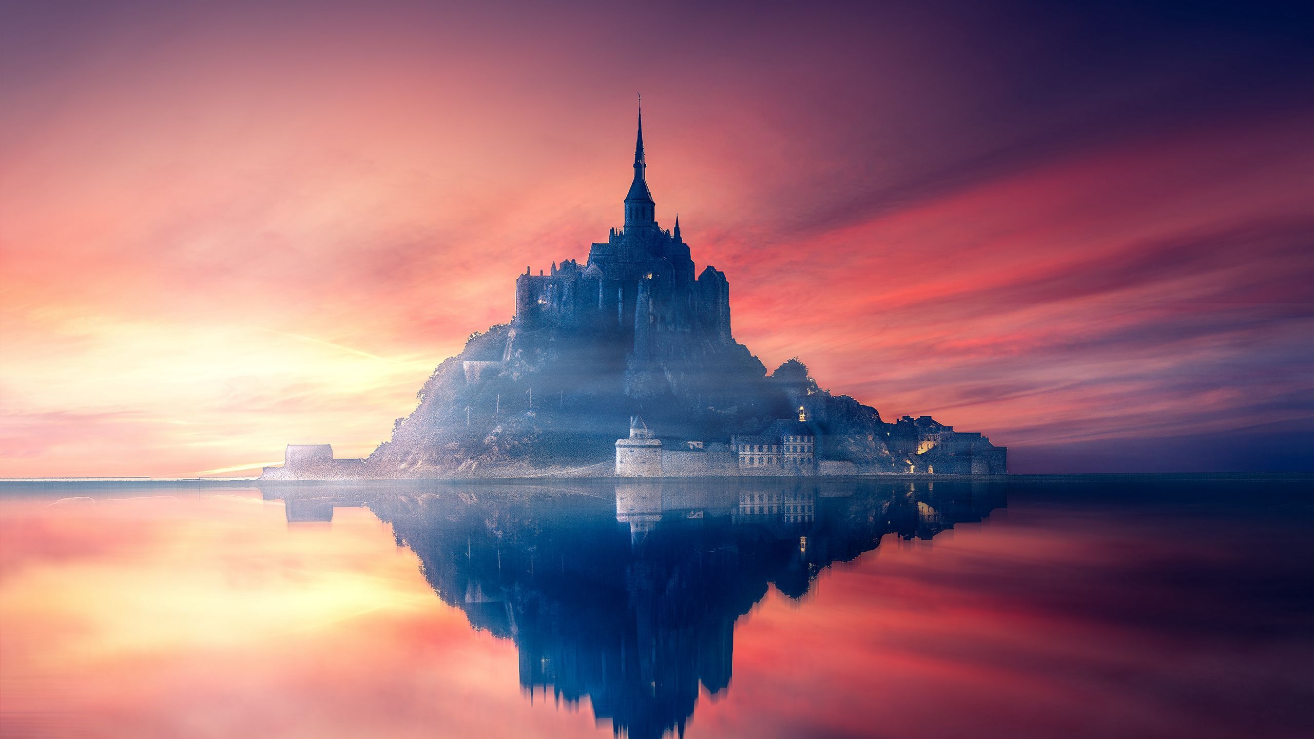 Download Wallpaper 2560x1440 Mont Saint Michel, France, Island, Castle, Sunset Widescreen 16:9 HD Background