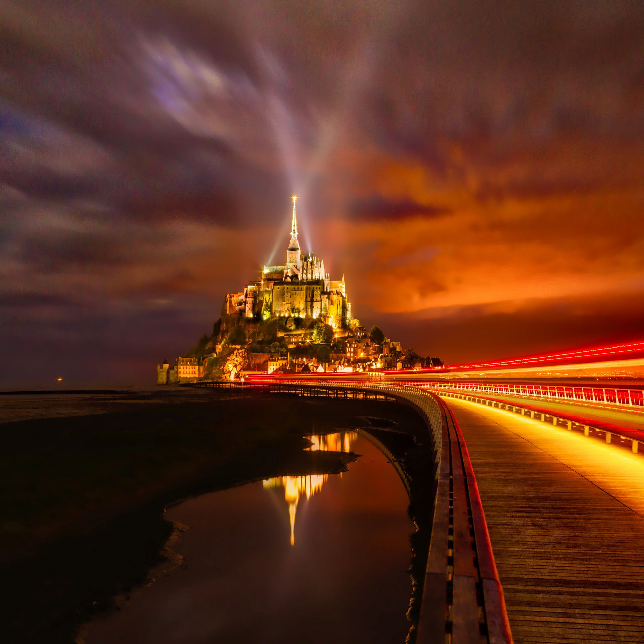 Mont Saint Michel 4K Wallpaper, France, Cathedral, Monastery, Church, Night Time, Light Streaks, Island, World