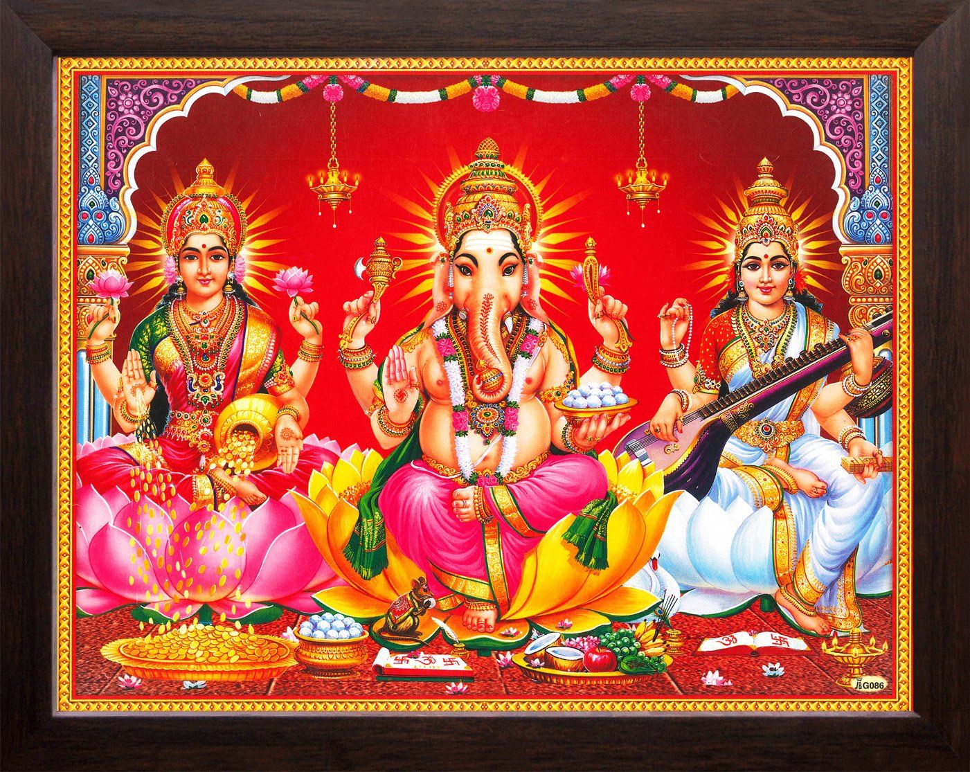 Art n Store Mata Lakshmi with Devi Saraswati and Lord Ganesha HD Printed Acrylic Sheet Picture with MDF Board Frame (30 X 23.5 X 1.5 cm, Brown): Amazon.in: Home & Kitchen