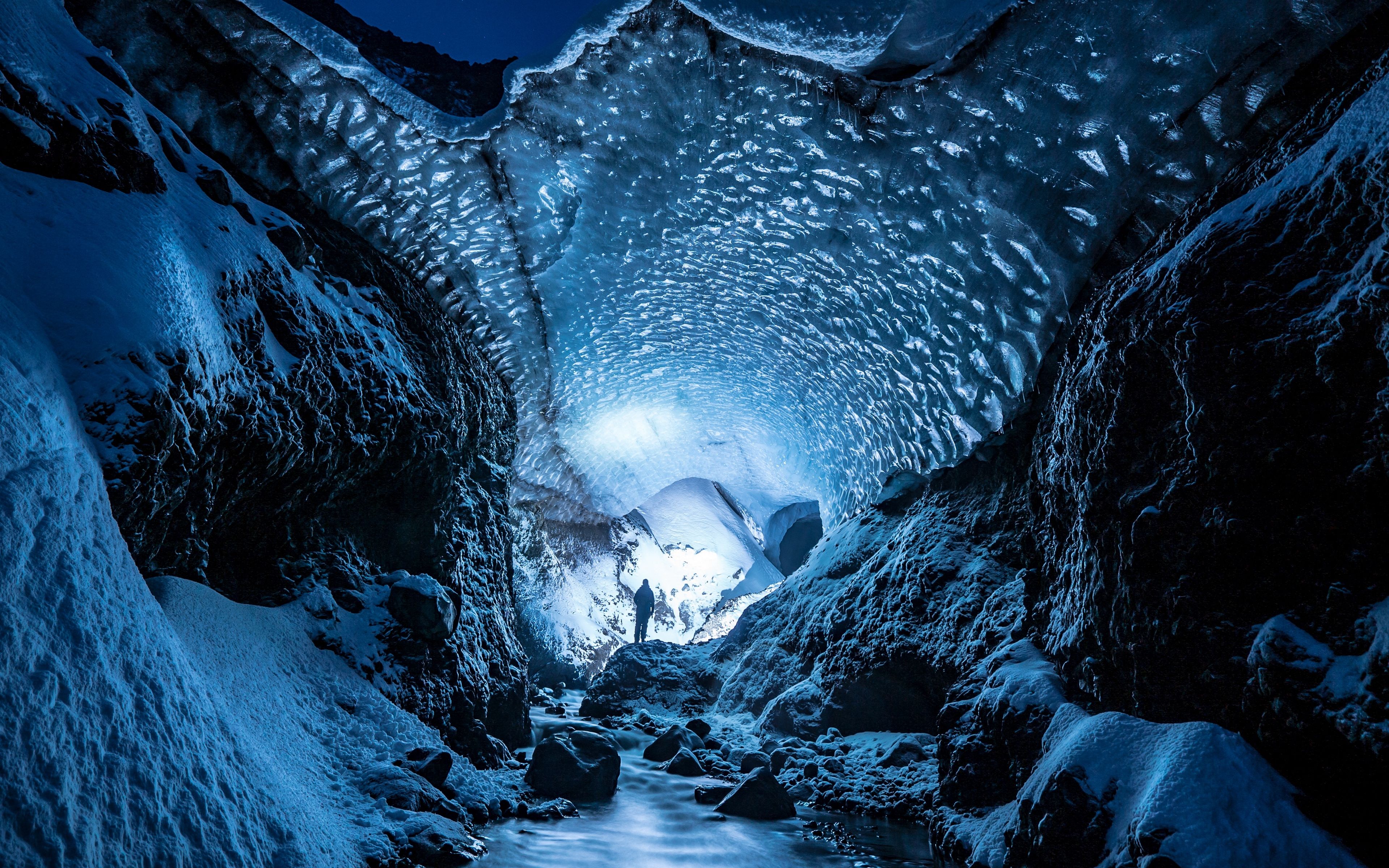 Wallpaper Glacier, Cave, Man, Ice, Snow Cave Wallpaper iPhone